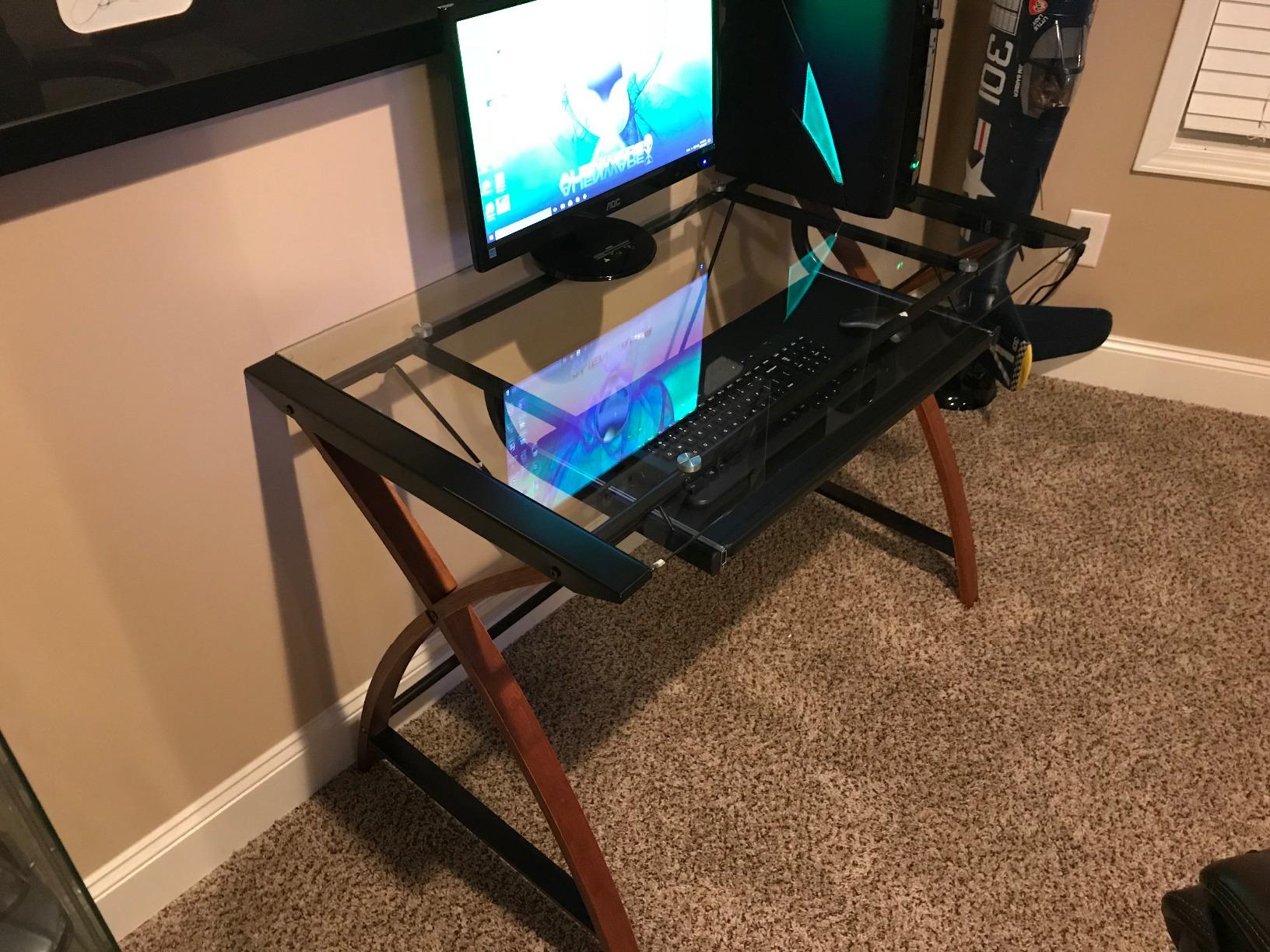 Flash Furniture Jude Tempered Glass Computer Desk with Pull-Out Keyboard Tray and Crisscross Frame, Small Computer Desk for Home Office, Cherry/Clear customer photo 1