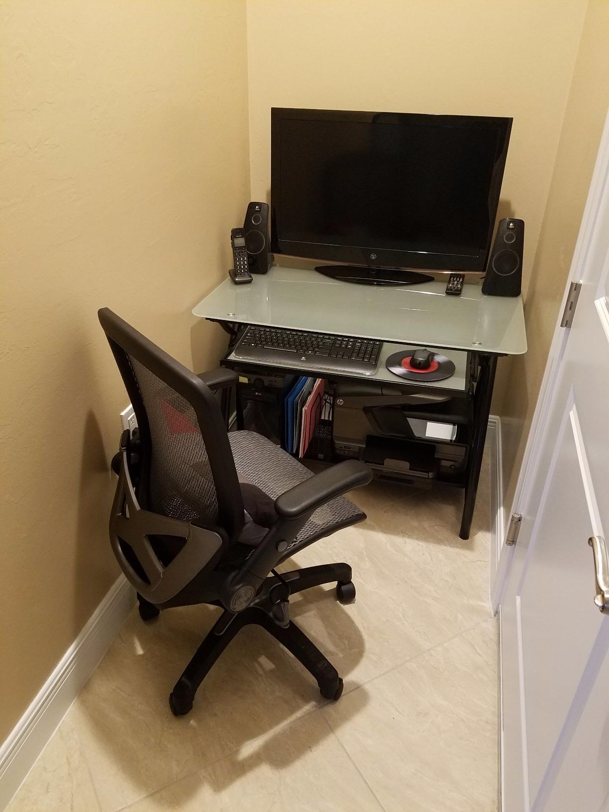 OSP Designs Newport Computer Desk with Frosted Tempered Glass Top, Pullout Keyboard Tray, and Black Powder Coated Steel Frame customer photo 2
