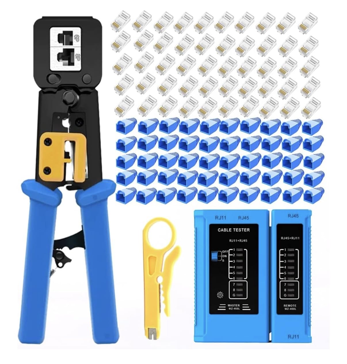 Gaobige rj45 Crimping Tool for Cat6 Cat5e Cat5, Sturdy Crimper for rj45 rj12/11 Pass-Through Connectors with 50pcs rj45 Cat5e Pass-Through Connectors, 50pcs Covers, Wire Stripper; Network Cable Tester customer photo 1