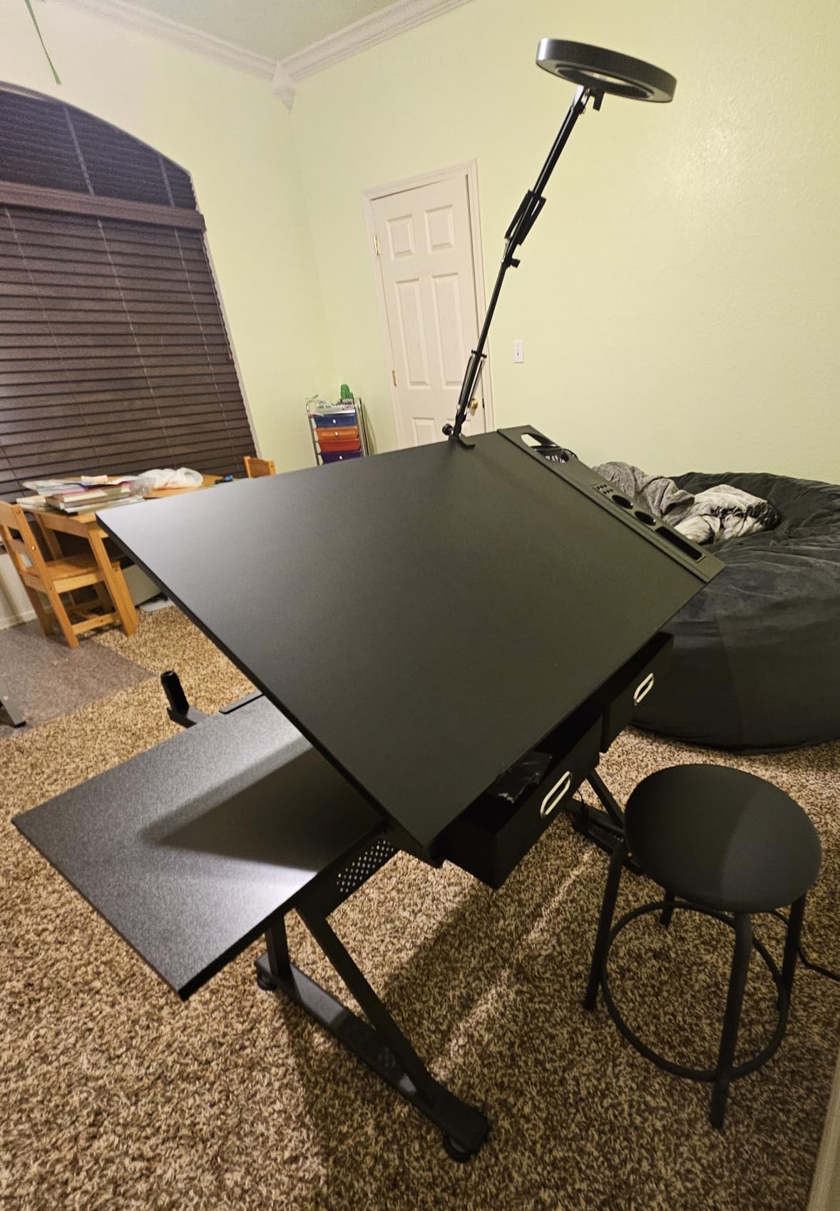 Yaheetech Height Adjustable Drafting Table Drawing Table Artist Desk Tilting Tabletop Art Craft Desk Watercolor Paintings Sketching Work Station w/2 Storage Drawers and Stool for Home Office customer photo 2