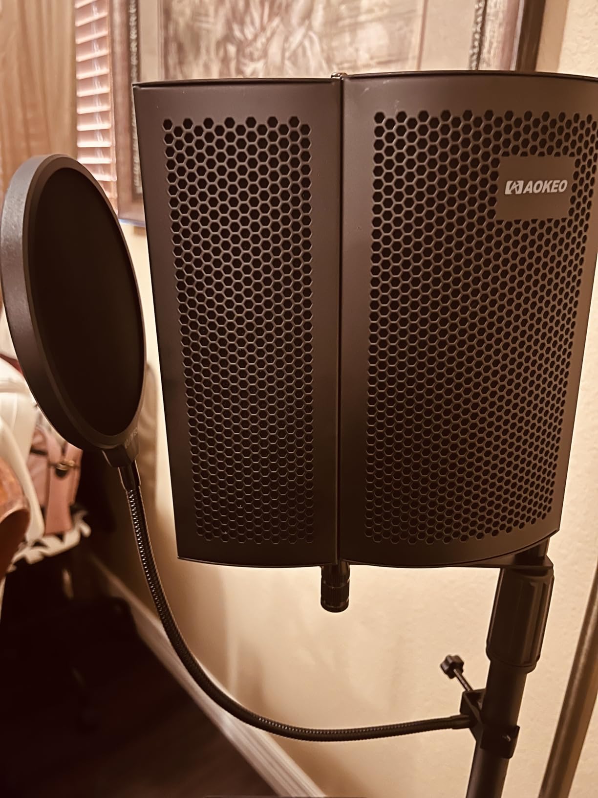 Professional Studio Recording Microphone Isolation Shield, Pop Filter,High density absorbent foam is used to filter vocal. Suitable for Blue Yeti and other condenser microphones (AO-504 With Stand) customer photo 2