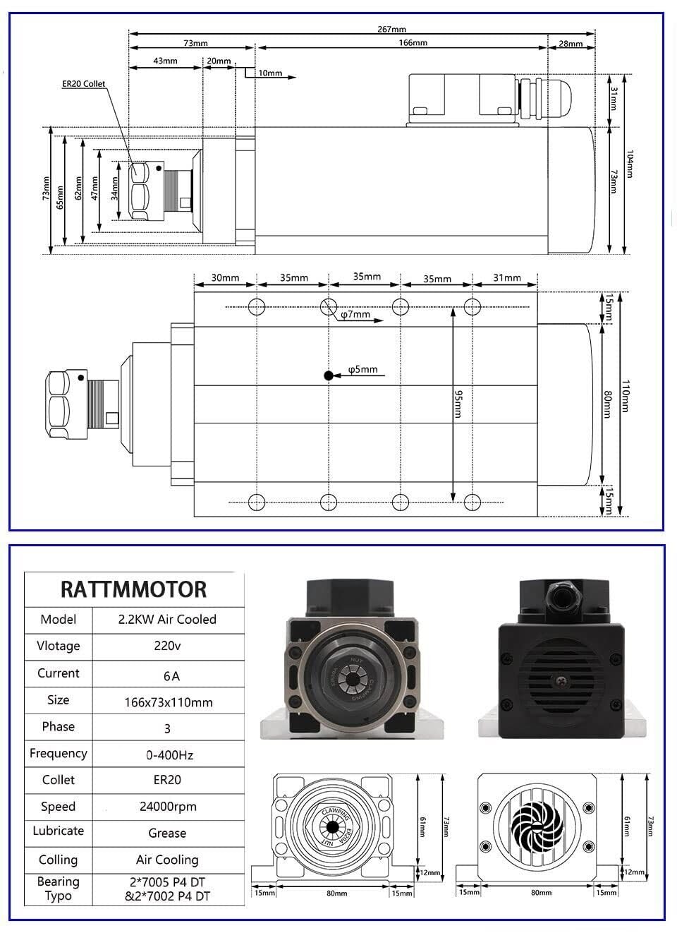 RATTMMOTOR CNC Spindle Motor Kit Square 2.2KW 220V Air Cooled Spindle Motor ER20+2.2KW VFD Drive Inventer 220V Spindle Motor Speed Control Variable Frequency Drive Converter for CNC Router Machine customer photo 1