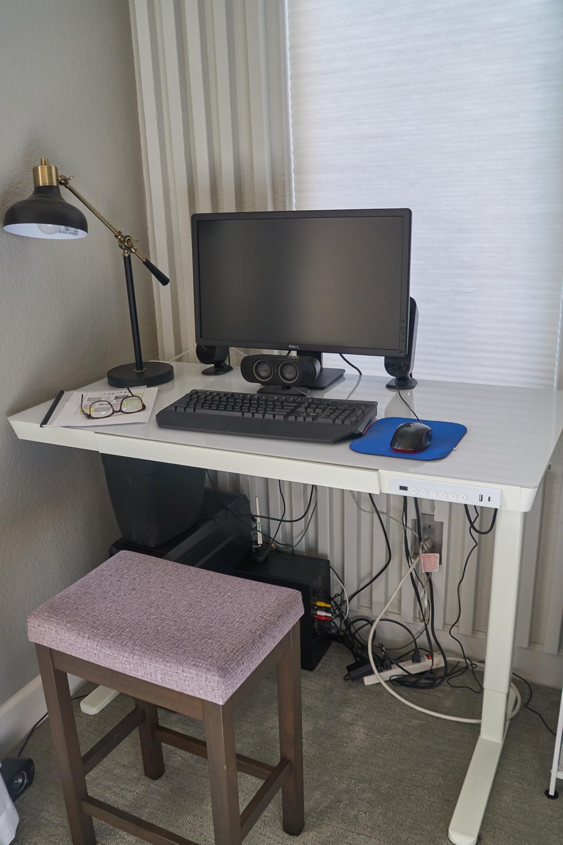 Claiks Glass Standing Desk with Drawers, 48×24 Inch Adjustable Stand Up Desk, Quick Install Home Office Computer Desk with USB Ports, White customer photo 1