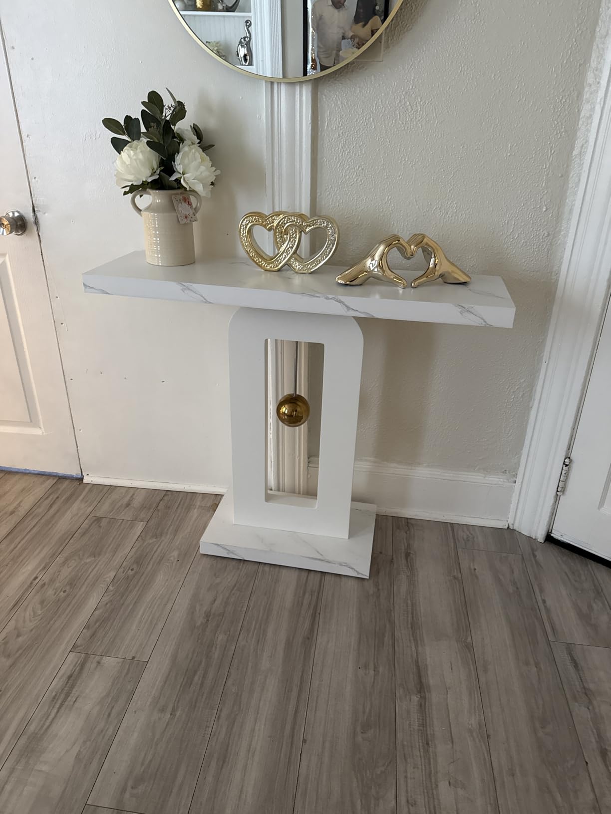 Tribesigns Modern Console Table, 40 Inches Faux Marble Sofa Table, Contemporary Entryway Table with Pendulum Shape Base for Living Room Hallway Entrance, White customer photo 2