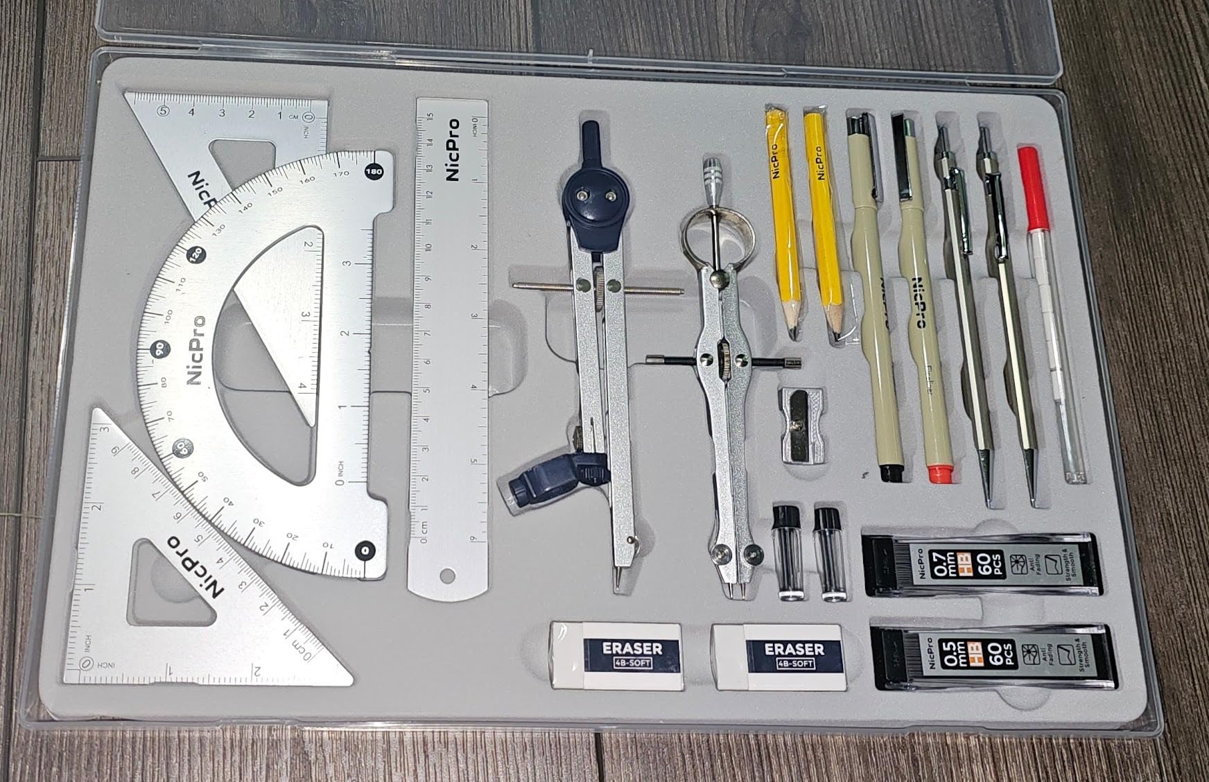 Nicpro 20PCS Professional Geometry Set with Case, Drafting Tools with Protractor and Compass, Metal Rulers, Triangles, Pens, Pencils customer photo 2