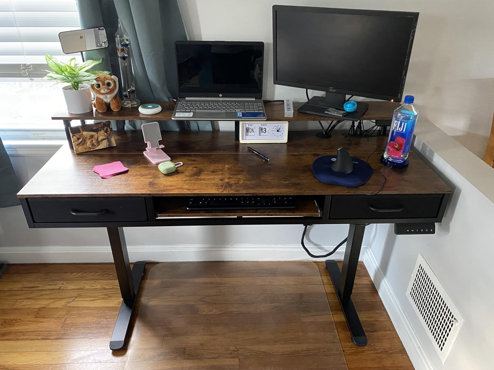 AODK Electric Standing Desk with Drawers & Keyboard Tray, 55 Inch Height Adjustable Gaming Desk with Power Outlets & LED Lights, Sit Stand Table with Monitor Stand for Home, Office, Rustic Brown customer photo 1