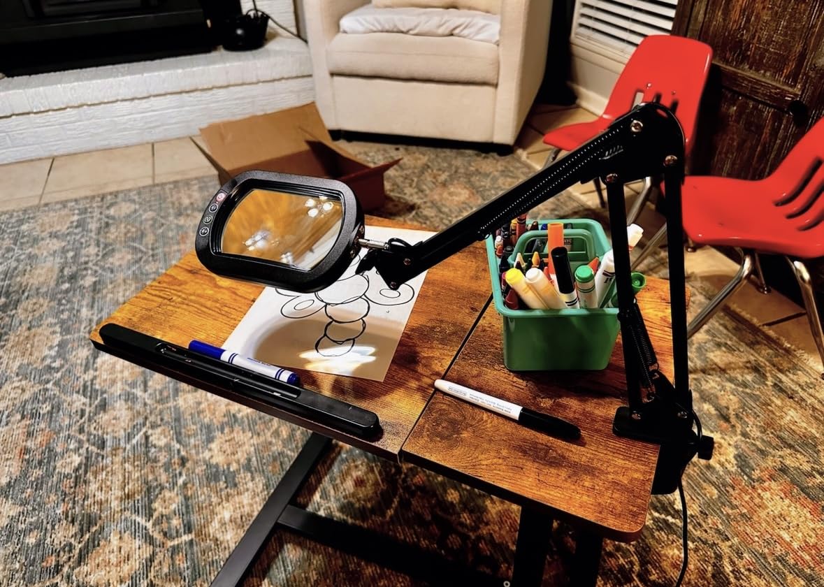 Drdefi 10X Square Magnifying Glass with Light and Stand, Real Glass LED Lighted Magnifier, 5 Color Modes Stepless Dimmable, Hands-Free Mag Desk Lamp with Clamp for Reading Craft Hobby Close Work Black customer photo 1