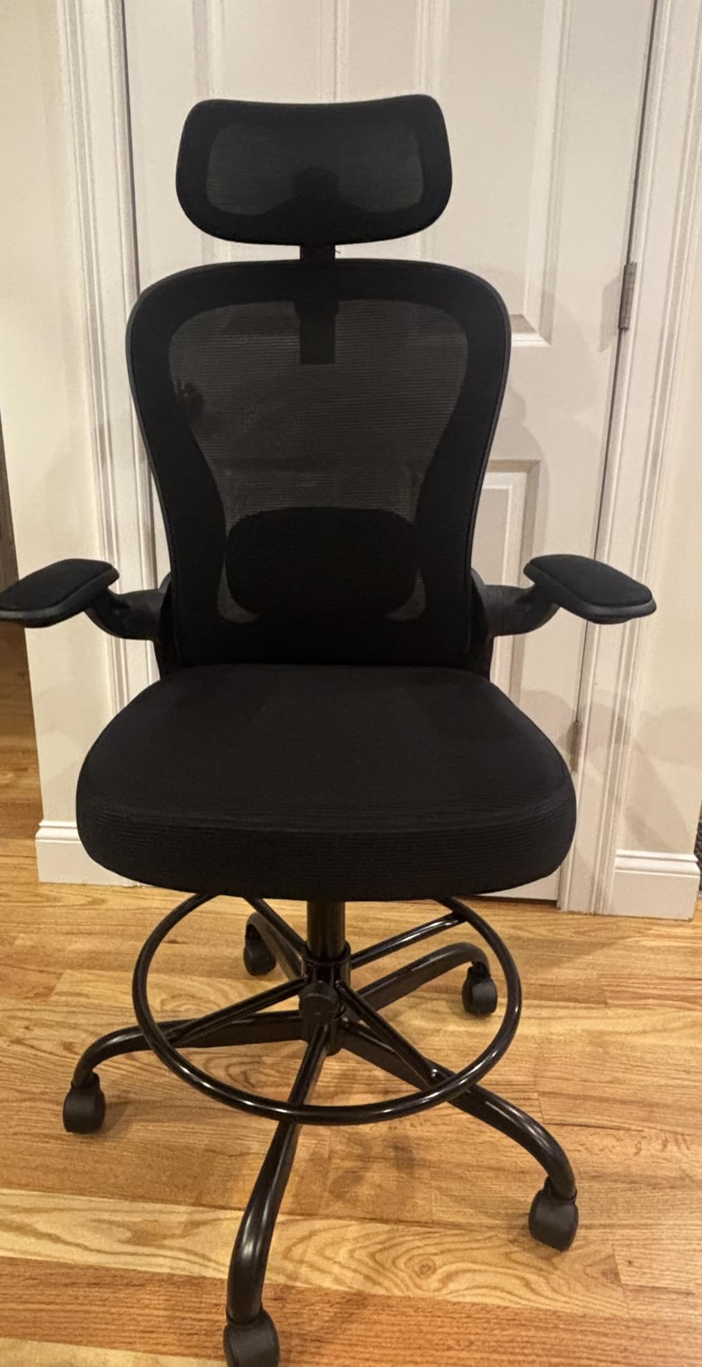 Drafting Chair, Tall Office Chair with 3D Lumbar & Head Support, Ergonomic Mesh Standing Desk Chair with Footring, Comfy Extended High Desk Chair with Flip-Up Arms & Hanger,Black customer photo 1