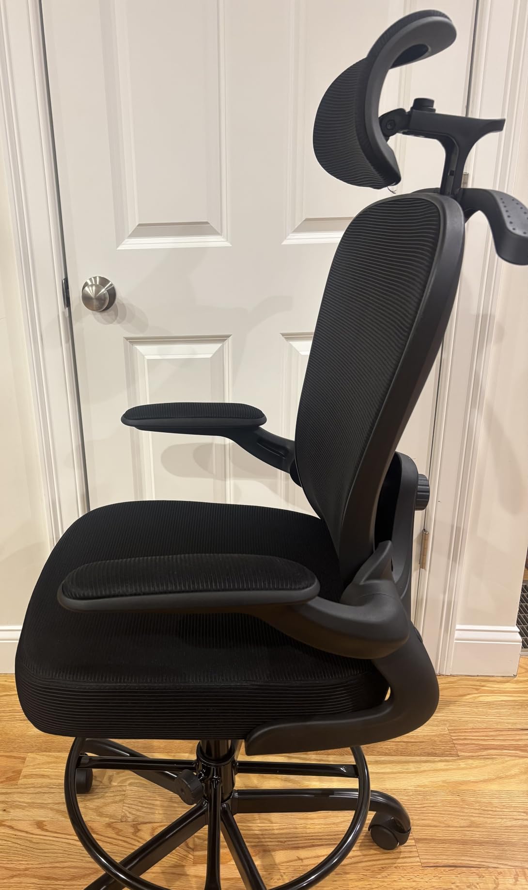 Drafting Chair, Tall Office Chair with 3D Lumbar & Head Support, Ergonomic Mesh Standing Desk Chair with Footring, Comfy Extended High Desk Chair with Flip-Up Arms & Hanger,Black customer photo 2