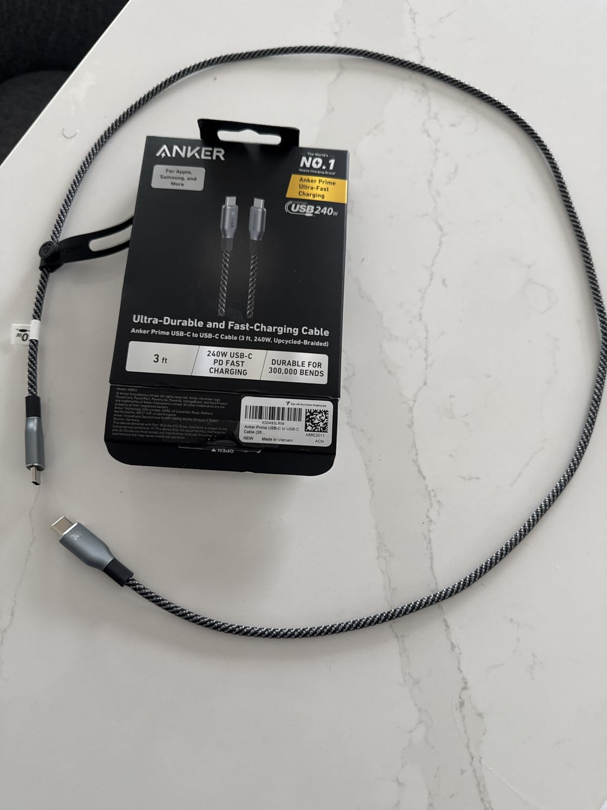 Anker Prime USB C to USB C Cable, 240W Fast Charging Cord, Upcycled-Braided Nylon with 100-Year Bend Durability for iPhone 17 Series, MacBook, Galaxy S24(6 FT) customer photo 2