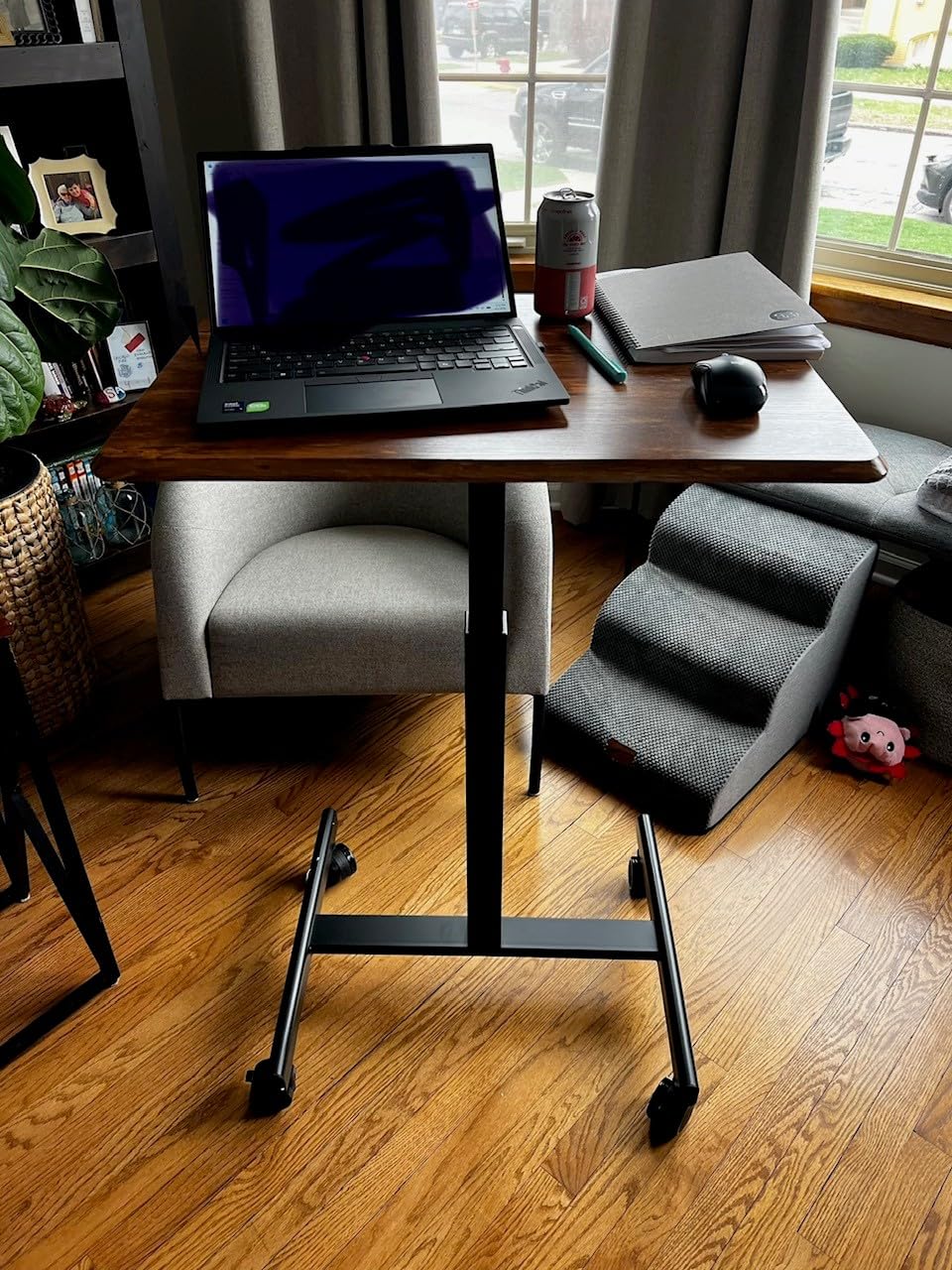 DUMOS Small Standing Desk Mobile Portable Rolling Laptop PC Table on Wheels Adjustable Height Computer Workstation for Home Office, 19 Inch, Modern White customer photo 2