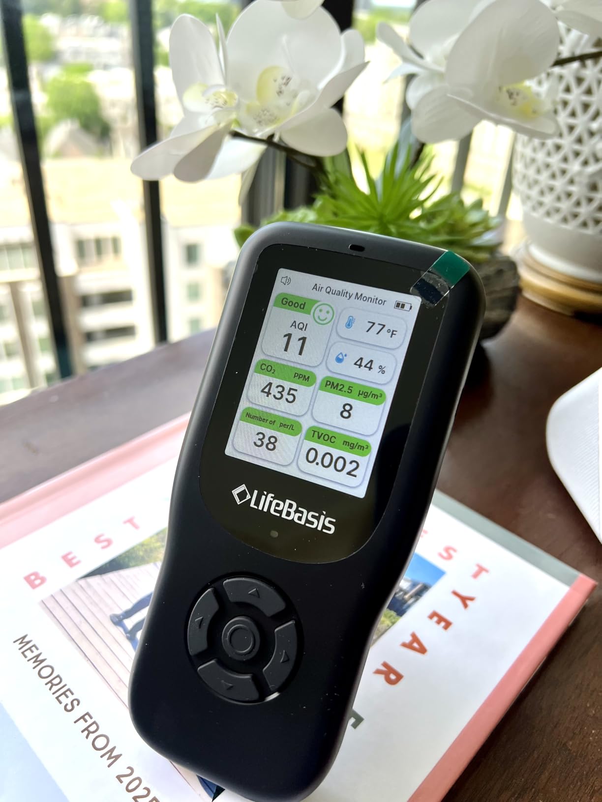 LifeBasis Air Quality Monitor Indoor, 11-in-1 Air Quality Detector with Stand, Real-Time Air Meter Test AQI, PM1.0, PM2.5, PM10, CO2, TVOC, HCHO, Particles, Temperature and Humidity, Dual Alert -Black customer photo 1