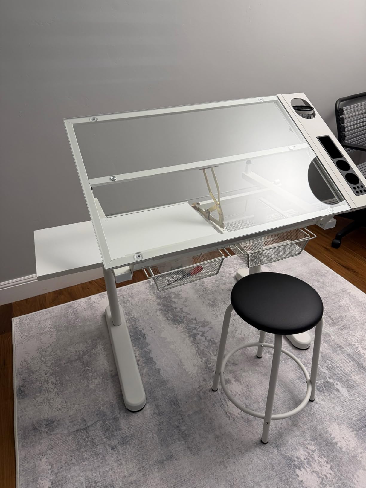 Drafting Table, 0-75 Tilting Glass Tabletop Drawing Table with Stool - Adjustable Height Art Desk with Multi-Storage for Sketching and Painting - Perfect for Artists and Hobbyists, Black customer photo 1