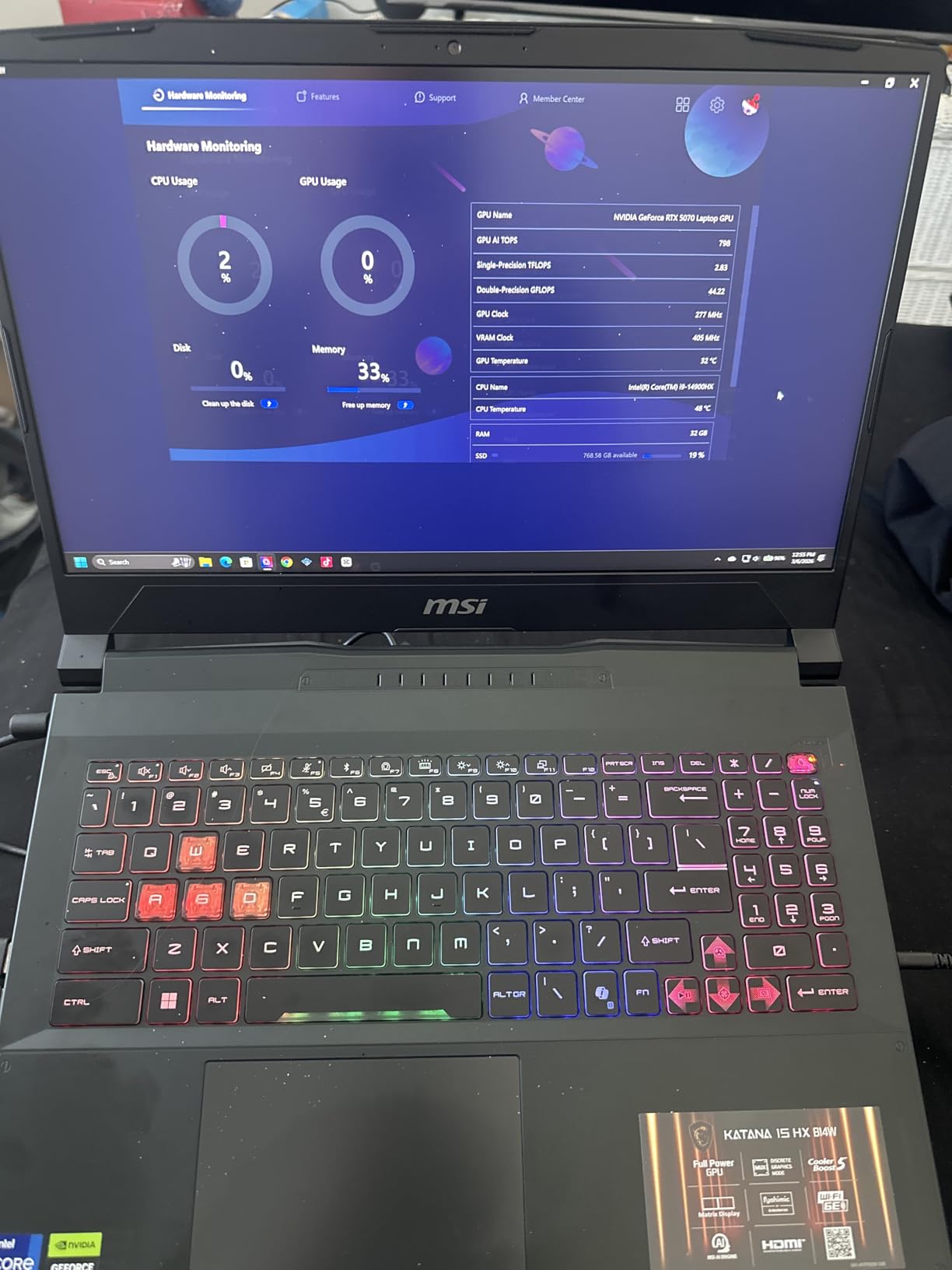 MSI Katana 15 HX 15.6 inch 165Hz QHD+ Gaming Laptop: Intel Core i9-14900HX, NVIDIA GeForce RTX 5070, 32GB DDR5, 1TB NVMe SSD, RGB Keyboard, Win 11 Home customer photo 1