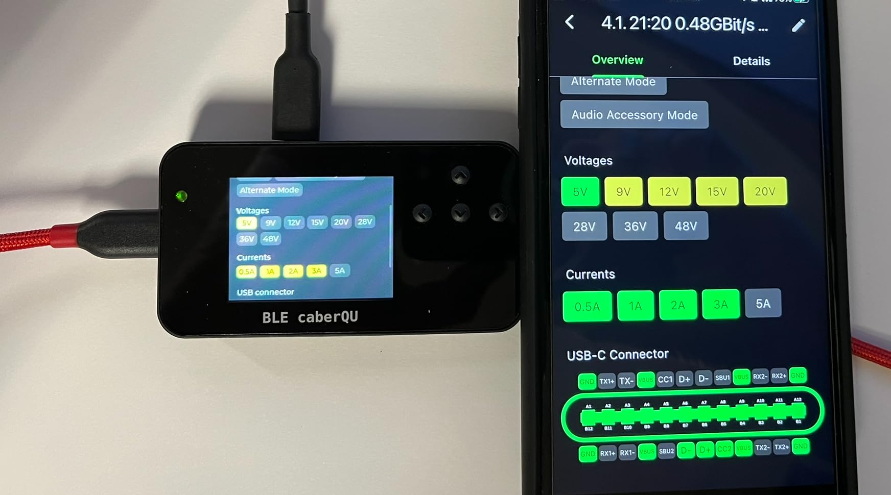 BLE caberQU Digital USB-C Cable Tester, USB PD 3.0/3.1/3.2 eMarker readout, 25 pin Continuity pinout, USB2/3/4, Cable Resistance, iOS&Android app customer photo 1