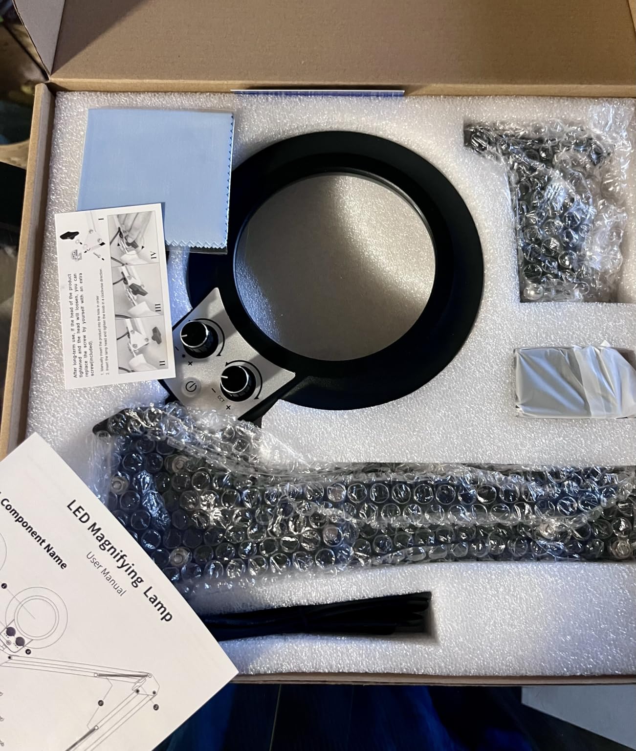 KIRKAS 12X Magnifying Glass with Light and Stand, Extra-Long Arm Magnifying Lamp Overhead Knob for Workbench Craft, Sewing, LED Lighted Magnifier Real Glass Lens Stepless Dimming and Color(35in Clamp) customer photo 2