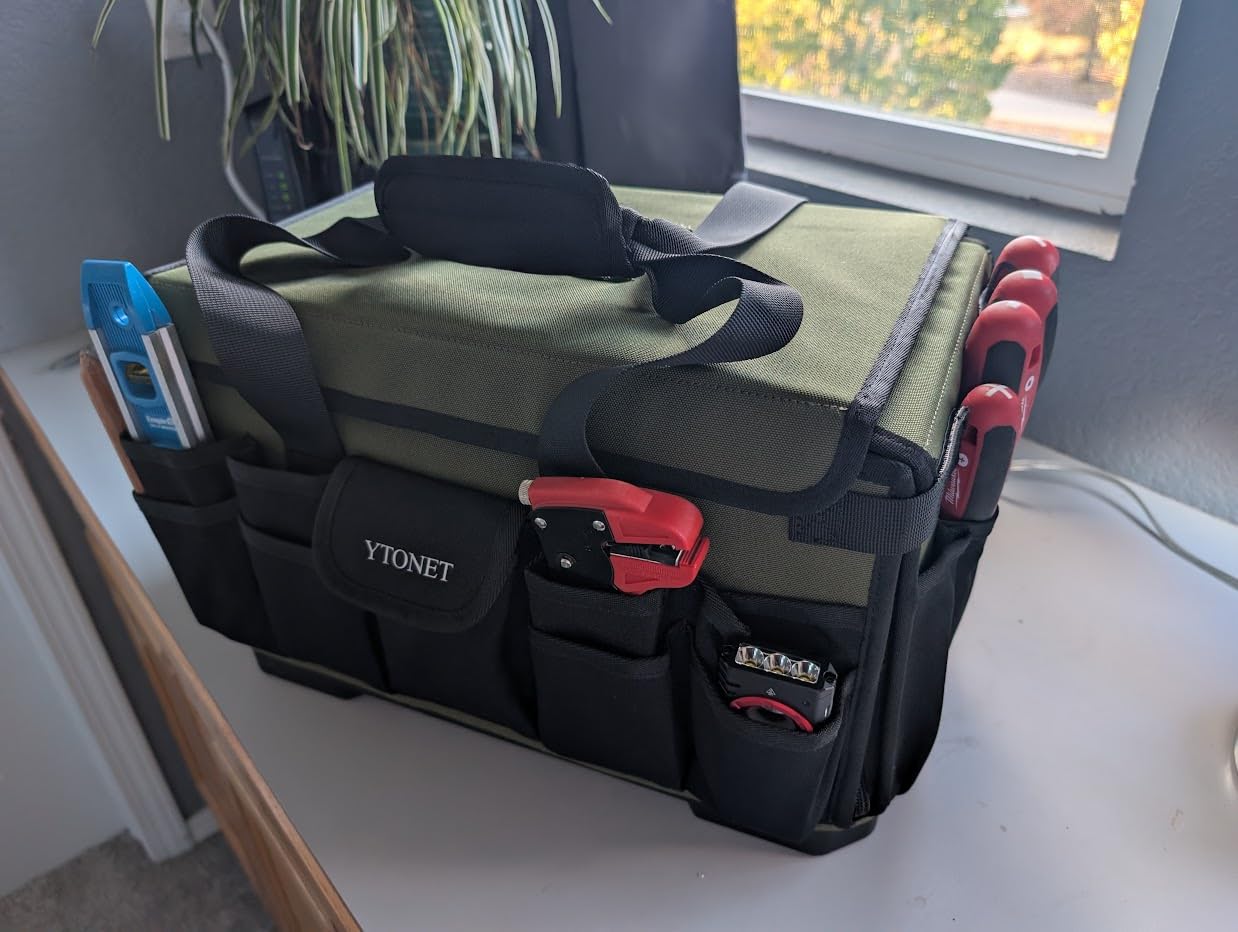 Heavy Duty Tool Bag 16-Inch, 46 Pockets Electrician Tool Bag for men with Hard Bottom & Waterproof Pocket, 1680D Tear-Proof Toolbox Organizer for HVAC Mechanic customer photo 2