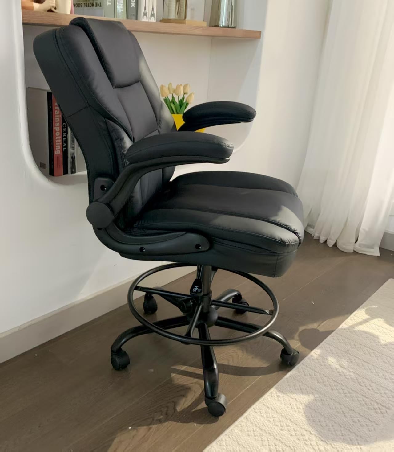 Drafting Chair 500Lbs, Tall Office Chair for Standing Desk, High PU Leather Executive Office Chair with Flip-up Armrests, Ergonomic High Chair with Adjustable Foot Ring, Comfy Stool Chairs, Black customer photo 2