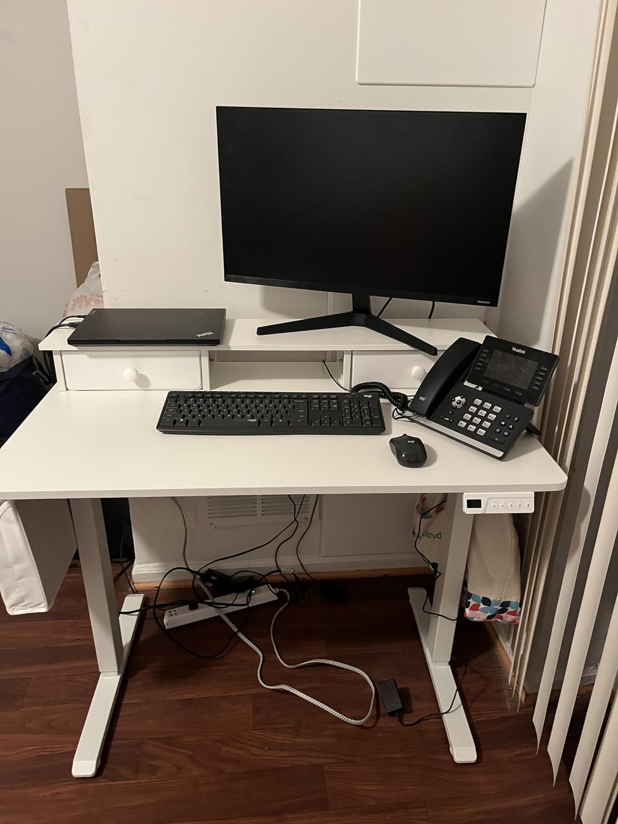 KLUVIS Electric Standing Desk with Drawers, 32 Inch White Small Height Adjustable Sit Stand Desk with Storage for Small Space Home Office Bedroom, Study Writing Stand up Computer Desks for Girls Work customer photo 2