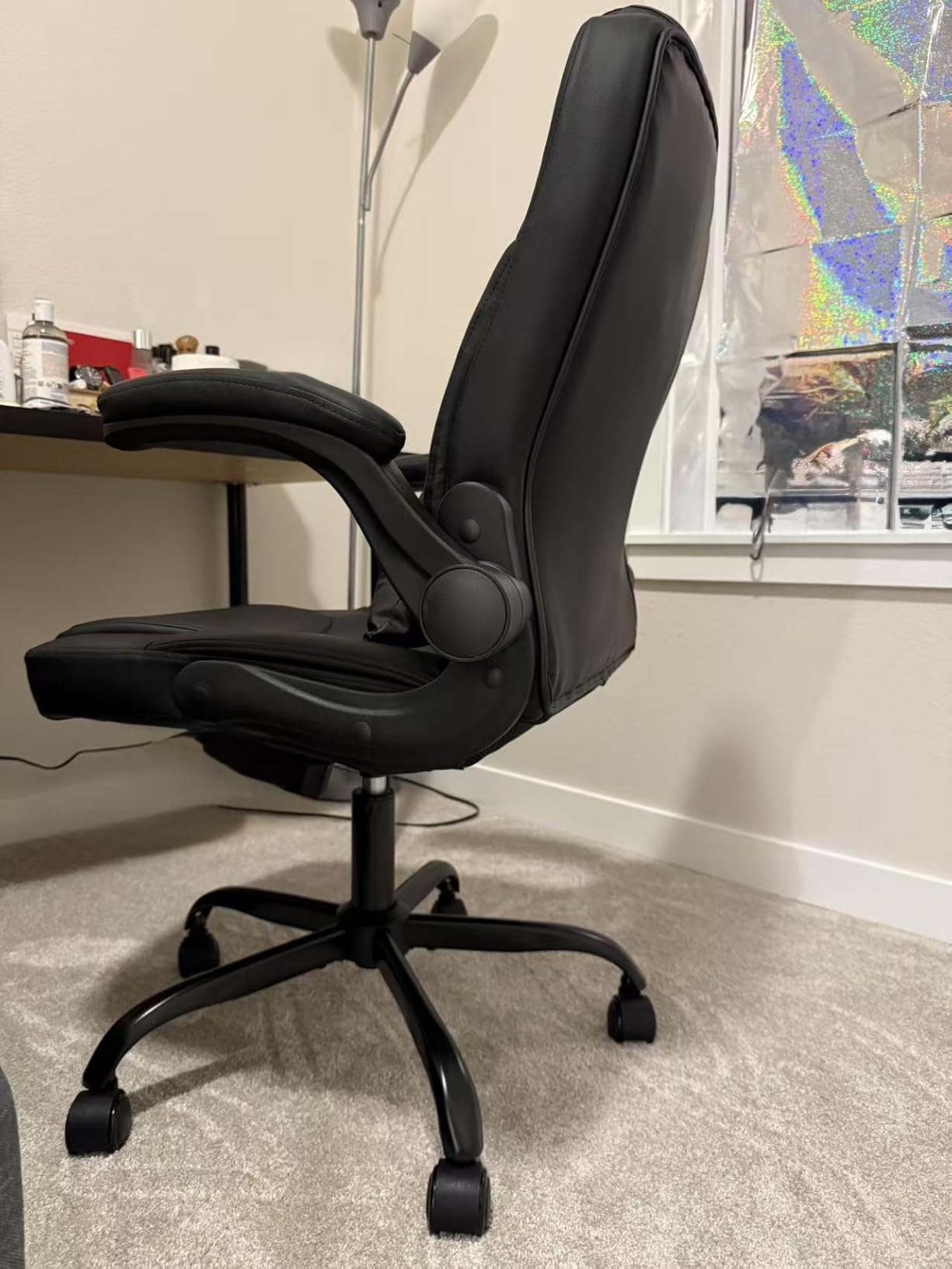 Executive Office Chair PU, Leather Office Chair with Wheels, 360° Swivel Rolling Chair with Padded Arms, Ergonomic Computer Chair with Lumbar Support for Short People Use (Black) customer photo 2