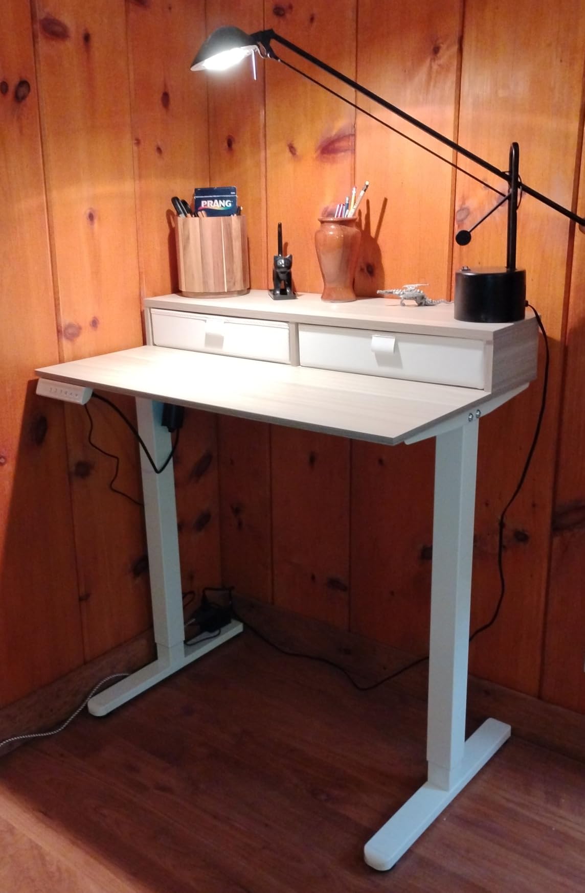 HUANUO 32 x 21 inch Small Electric Standing Desk with 2 Drawers, C-Clamp Mount Compatible, Height Adjustable Sit Stand Desk, Home Office Stand Up Desk with 4 Memory Height Settings, Light Walnut customer photo 1