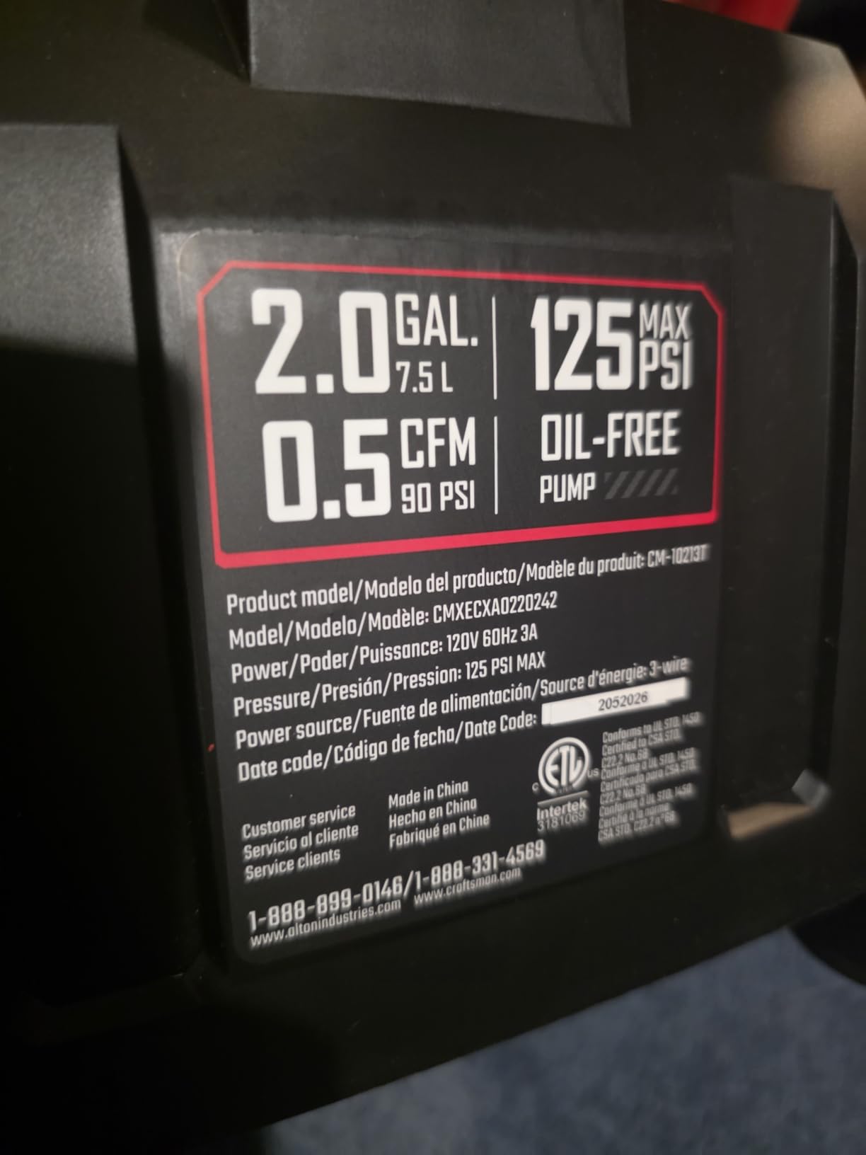 Craftsman 2-Gallon Air Compressor, 1/3 HP Oil-Free Twin Tank, 125 PSI Max customer photo 1