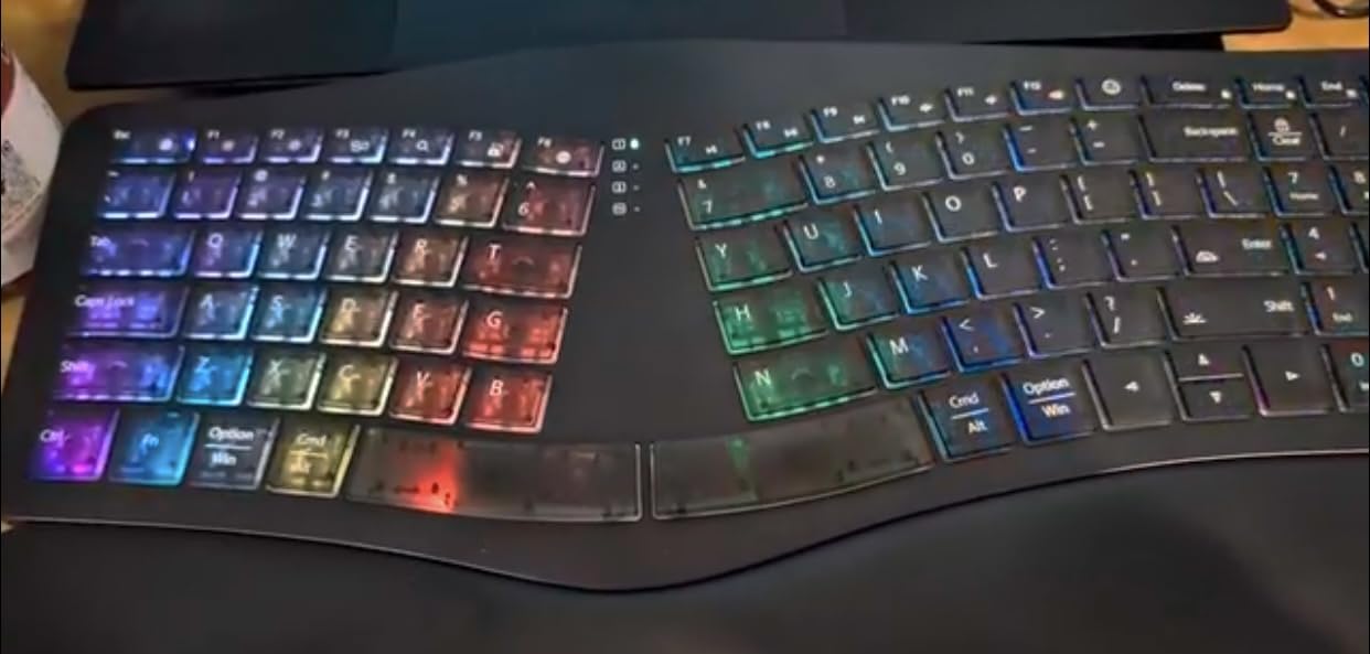 MEETION Ergonomic Keyboard Wired, 7 Colors Transparent Backlit, 4 Brightness, 1 RGB Breathing Backlit, Comfortable Wrist Rest Cushion, USB-A/USB-C Adapter Ergo Keyboard for Windows Mac Computer Laptop customer photo 1