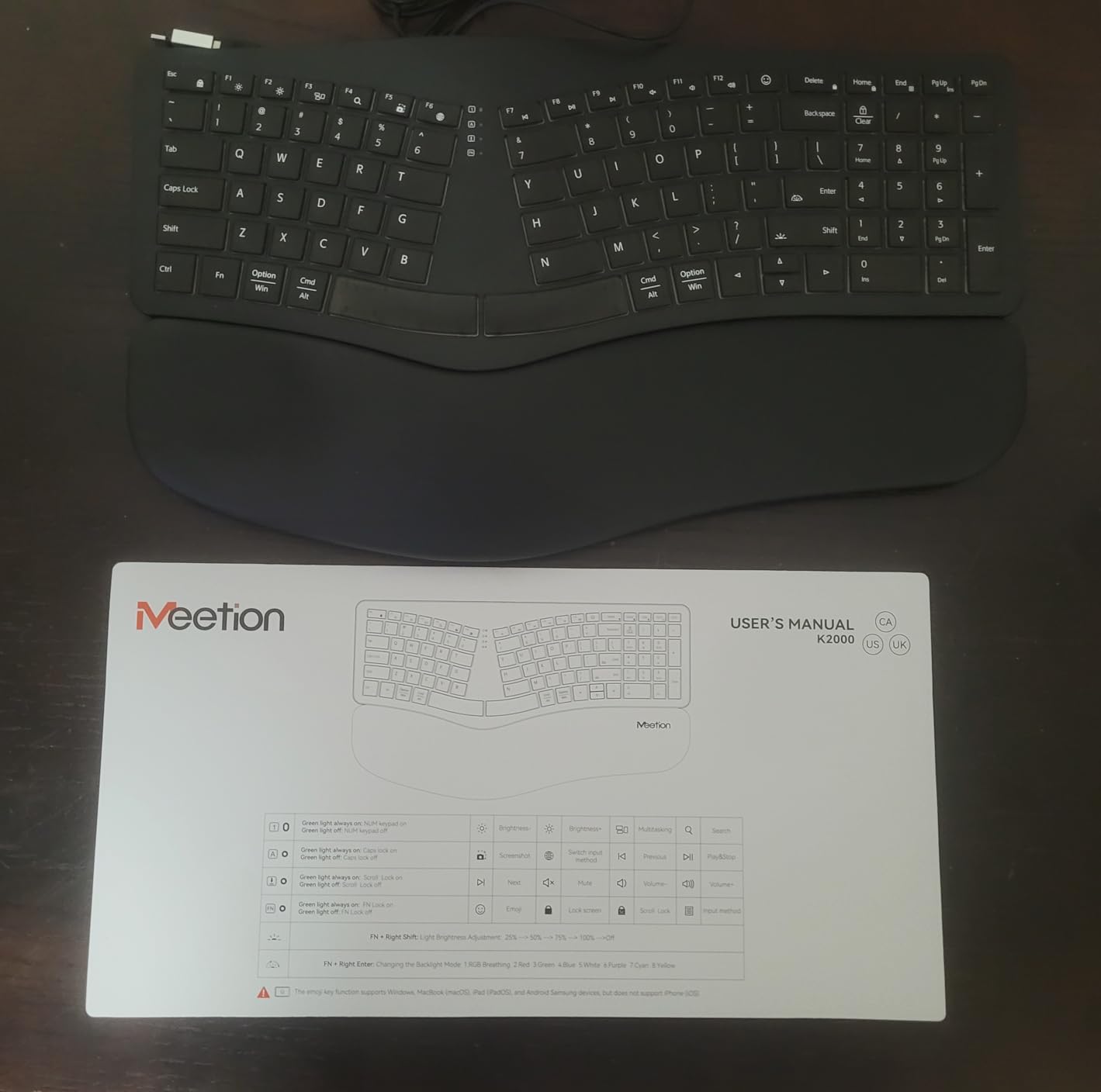 MEETION Ergonomic Keyboard Wired, 7 Colors Transparent Backlit, 4 Brightness, 1 RGB Breathing Backlit, Comfortable Wrist Rest Cushion, USB-A/USB-C Adapter Ergo Keyboard for Windows Mac Computer Laptop customer photo 2