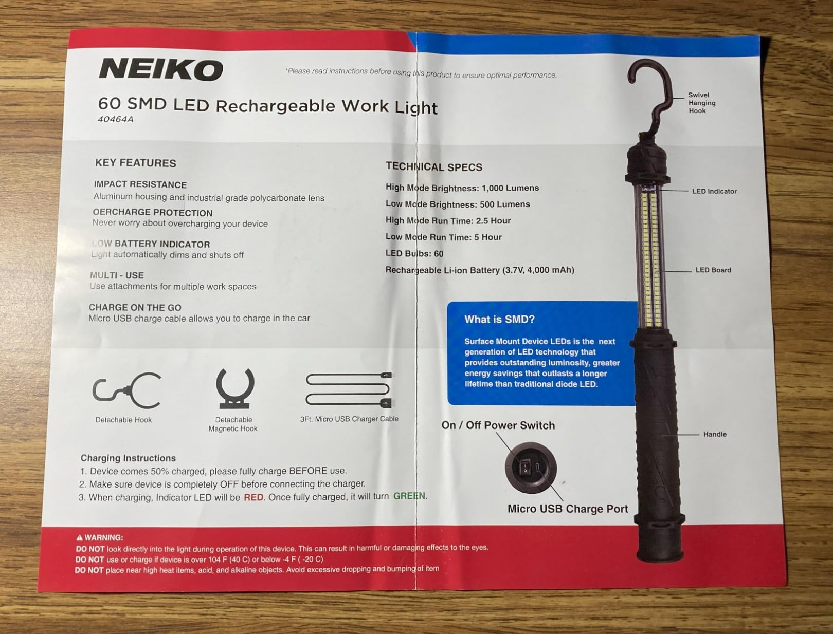 NEIKO 40464A Cordless LED Work Light, Multipurpose Portable Light with 350 Lumens, 4000-mAh Rechargeable Li-Ion Battery customer photo 1