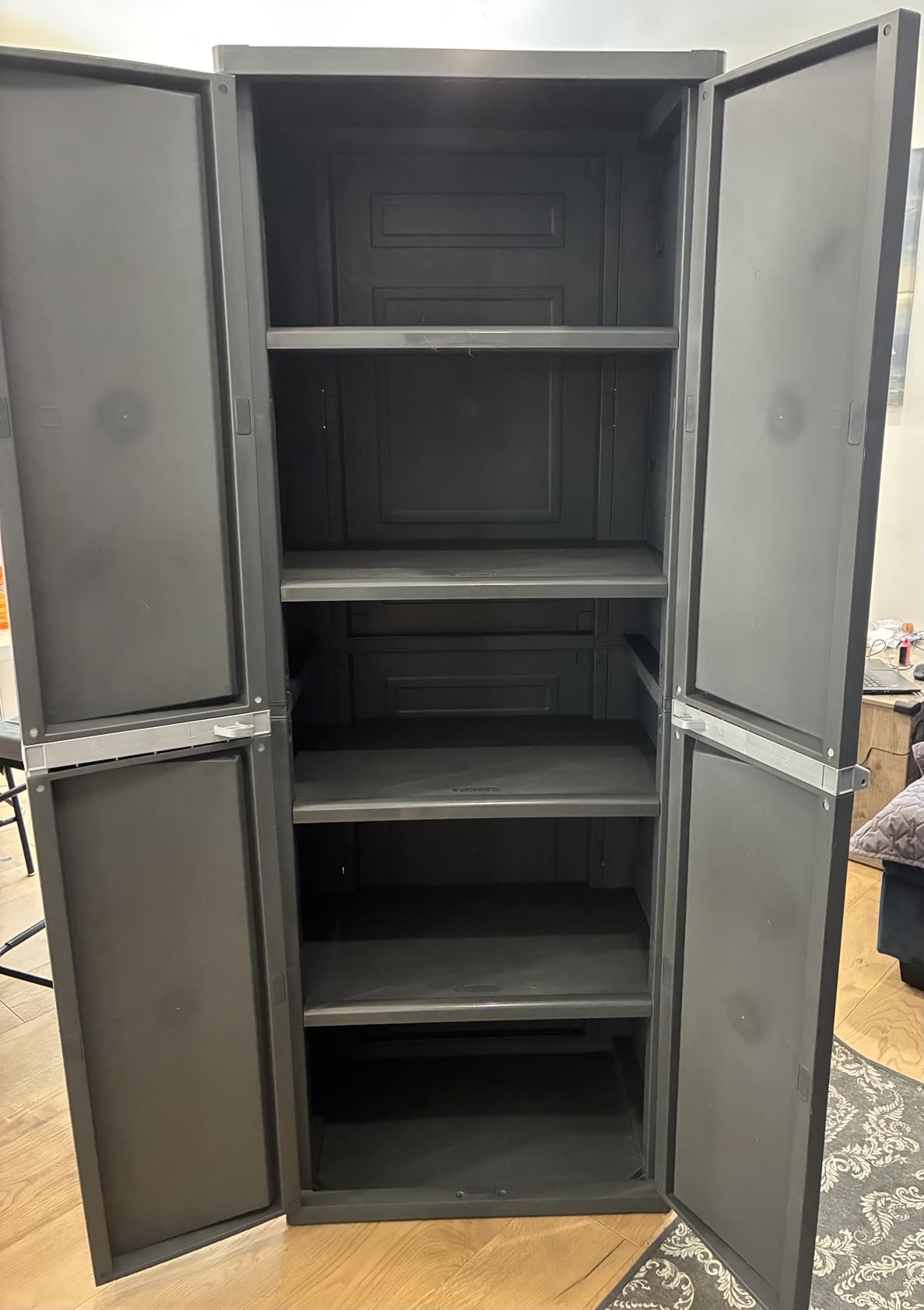 Sterilite 4 Shelf Cabinet, Heavy Duty and Easy to Assemble Plastic Storage Unit, Organize Bins in the Garage, Basement, Attic, Mudroom customer photo 1