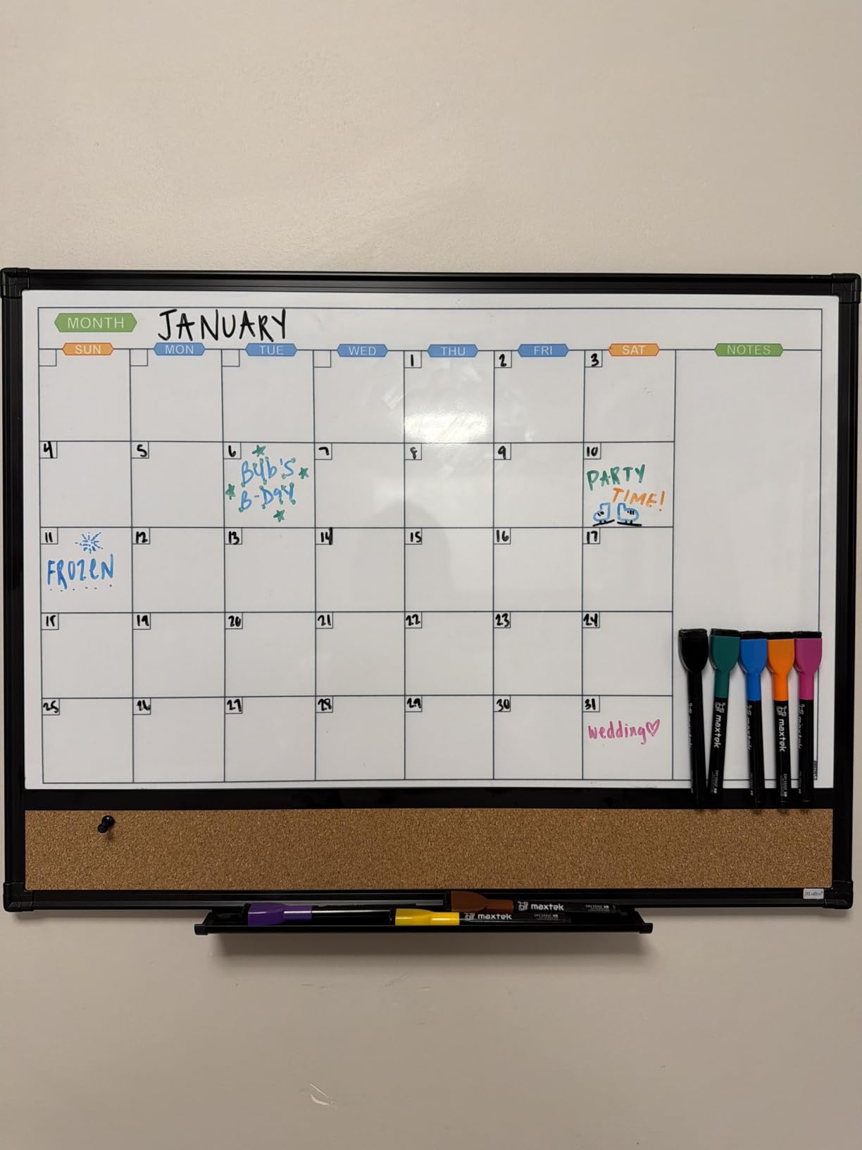 JILoffice Magnetic Calendar Whiteboard & Bulletin Corkboard Combination, Combo Board 24 x 18 Inch, Black Aluminum Frame Wall Mounted Board for Office Home and School with 10 Push Pins customer photo 2