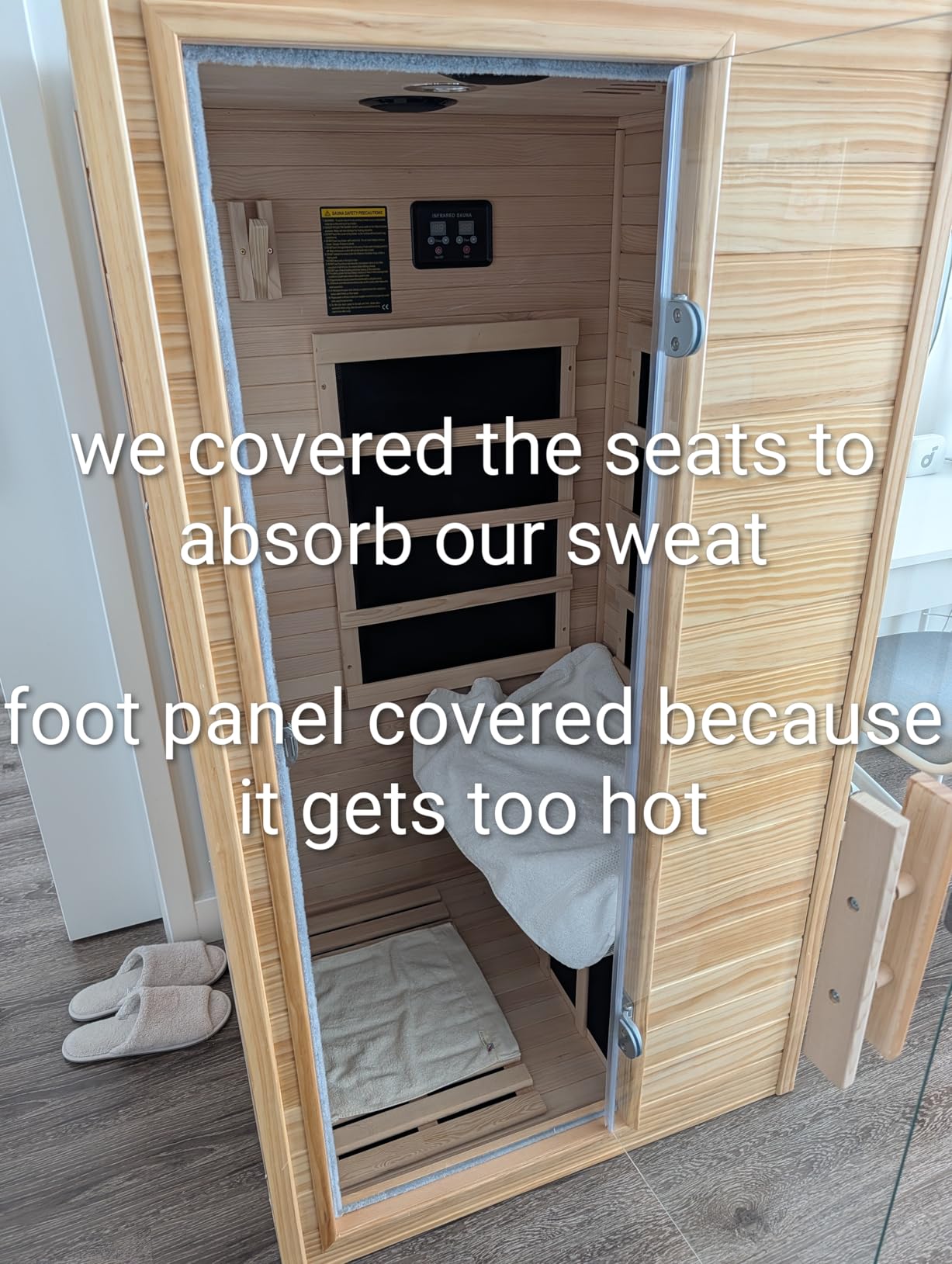 Homsido Infrared Home Sauna Room 1 Person Hemlock Wooden Indoor Dry Sauna，Low EMF 1200W/110V Heaters Panels,LCD Control Panel,10 Minutes Pre-Warm up,Time and Temp Pre-Set,1-Year Aftersale customer photo 1