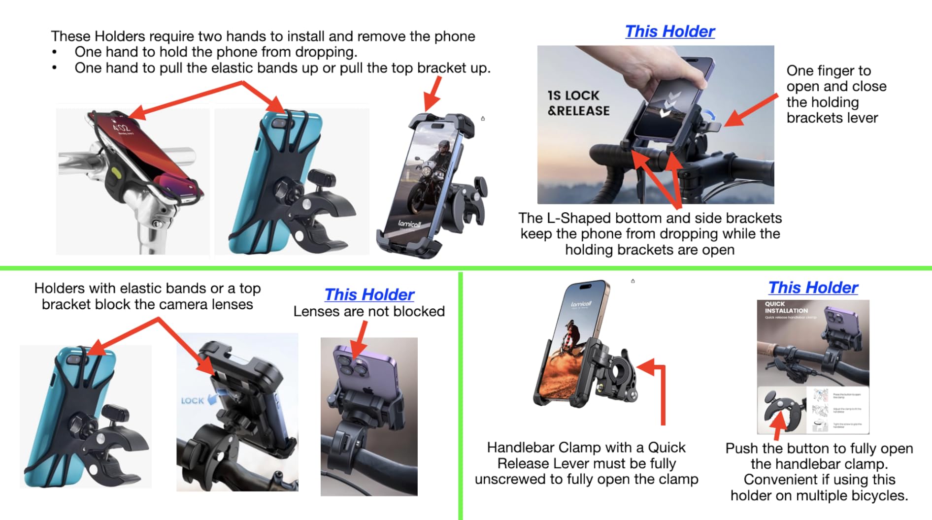 Lamicall Motorcycle Phone Mount Holder - [Camera Friendly] [1s Lock] Bike Phone Holder Handlebar Clamp, Bicycle Scooter Phone Clip, Gifts for iPhone 17, 16, 15 Pro Max, Galaxy S25 Ultra, 4.7-7