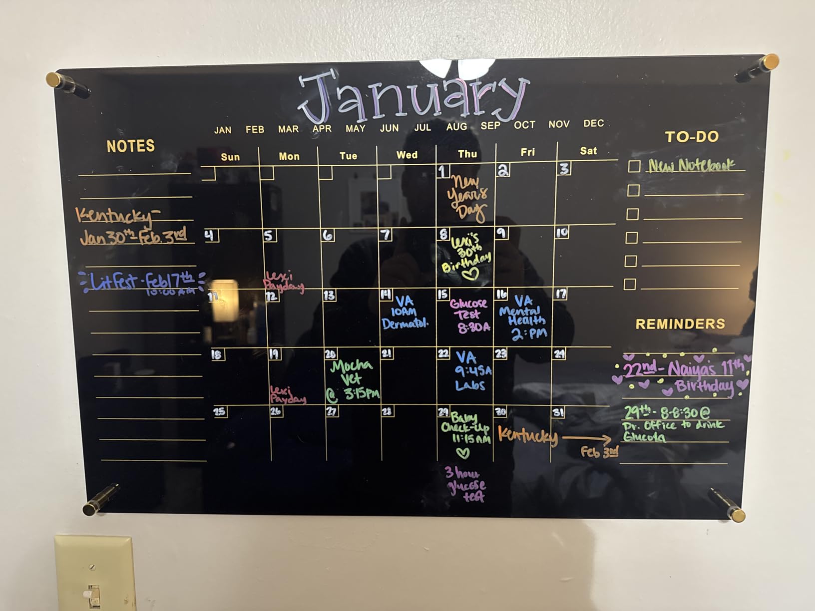 Black Acrylic Calendar Dry Erase for Wall, Family Planner, Monthly Calendar Dry Erase Whiteboard for Home, Office, 17