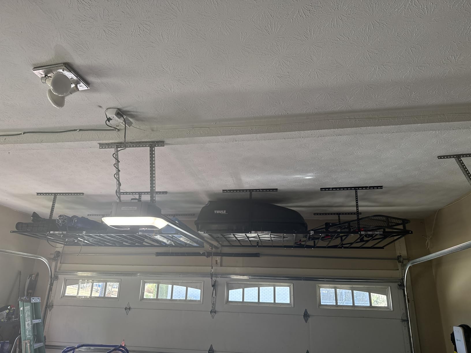 FLEXIMOUNTS 4x8 Overhead Garage Storage Rack with 6 Hooks, Adjustable Storage Organization System, Heavy-Duty Metal Ceiling Racks, 22.6