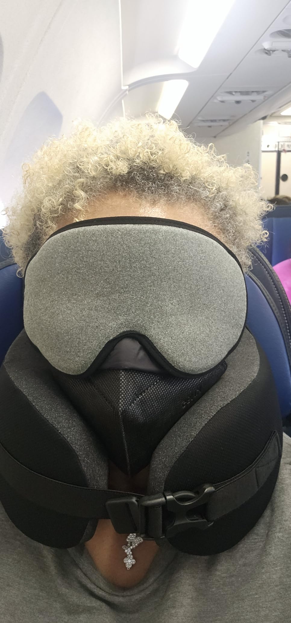YFONG Travel Pillow for Long Flight Airplane, Head Strap Combo with 3D Contoured Sleep Eye Mask, Neck Pillow for Travel Essential, 360° Support Memory Foam Headrest, Prevent Bobbing, Drawstrap - Black customer photo 1