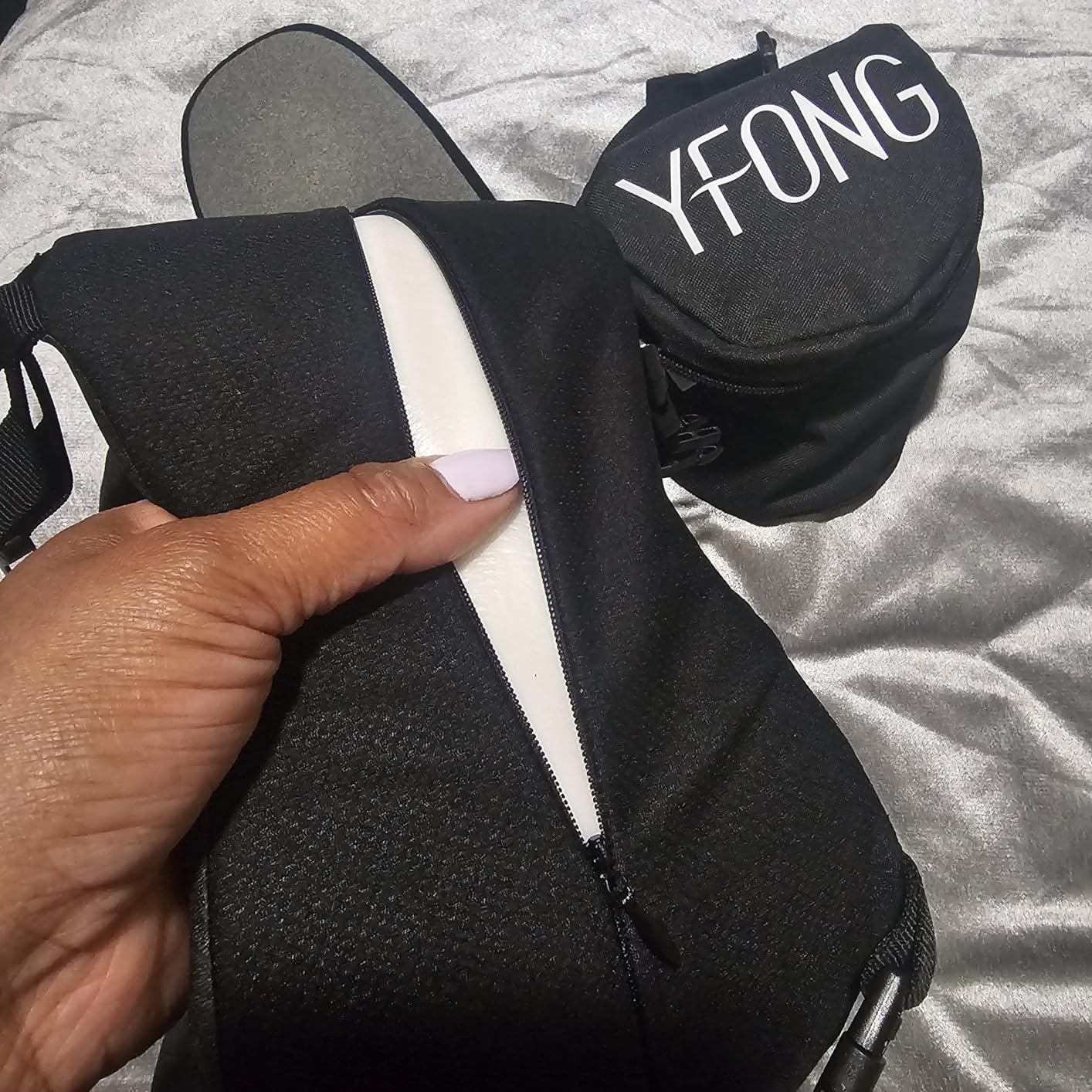 YFONG Travel Pillow for Long Flight Airplane, Head Strap Combo with 3D Contoured Sleep Eye Mask, Neck Pillow for Travel Essential, 360° Support Memory Foam Headrest, Prevent Bobbing, Drawstrap - Black customer photo 2