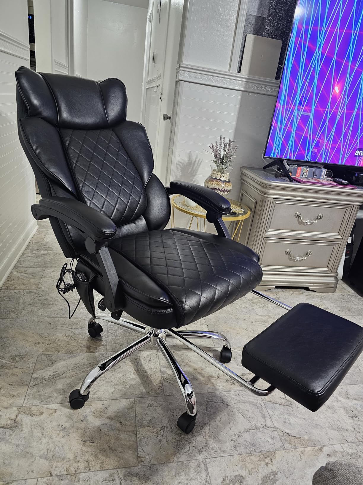 600LBS Massage Office Chair with Foot Rest, 4 Points Vibration and Heat Home Office Desk Chairs, 23.5