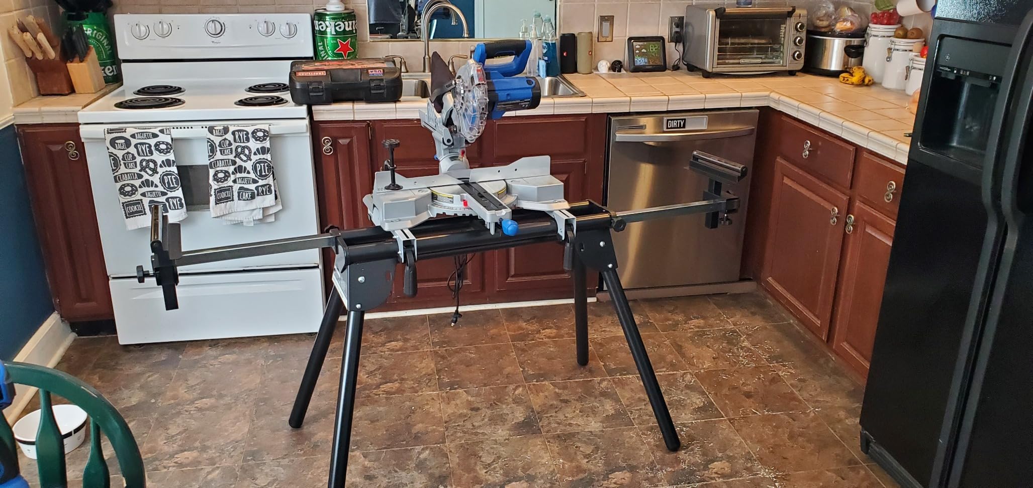 Evolution Power Tools EVOMS1 Miter Saw Stand Compact & Folding, Universal Fits Most Brands, Quick Release Mounting Brackets, Rollers, End Stops for Repeat Cutting , Black customer photo 1
