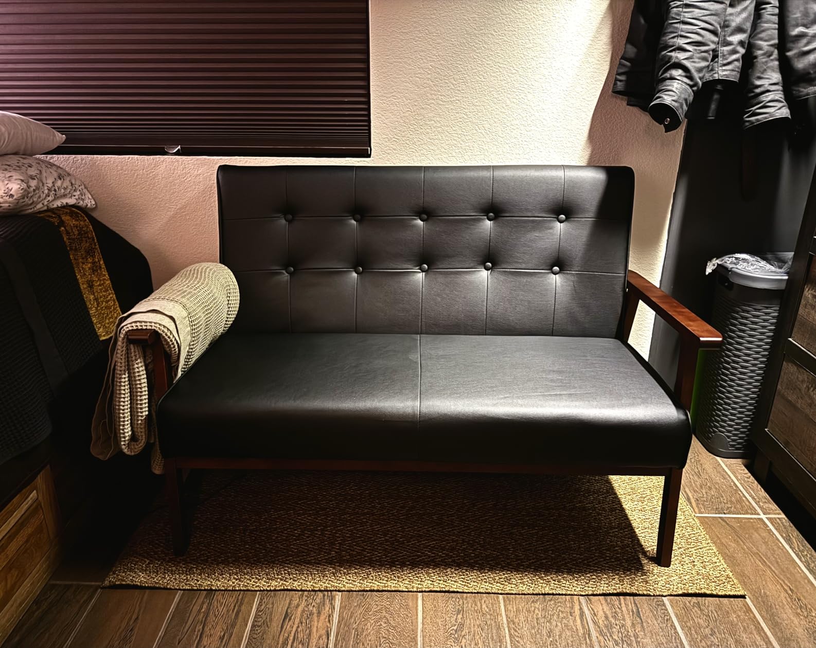 JIASTING Mid-Century Modern Solid Loveseat Sofa Upholstered Faux Leather Couch 2-Seat Wood Armchair Living Room/Outdoor Lounge Chair, Waiting Room Sofa, 50