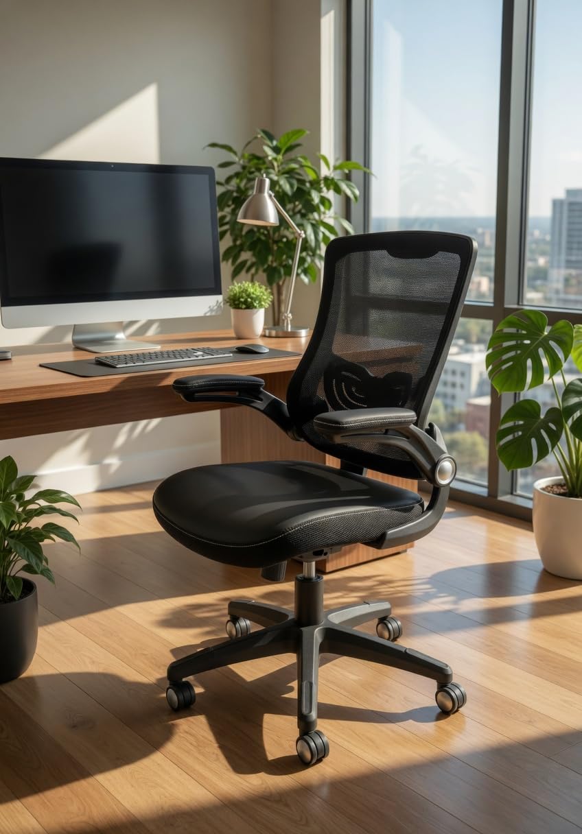 Office Chair Ergonomic Desk Chair Computer PU Leather Home Office Chair Swivel Mesh Back Adjustable Lumbar Support Flip-up Arms Executive Task Chair customer photo 1