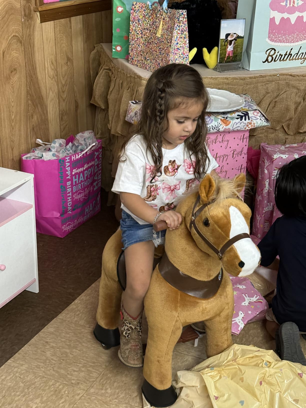 WondeRides Ride on Horse Riding Horse Pony Cycle Toy, 30.1 Inch Height Riding Pony Ride Plush Rocking Mechanical Walking Animal with Wheels No Battery Size 3 for Kids 3 to 5 Years M345 customer photo 2