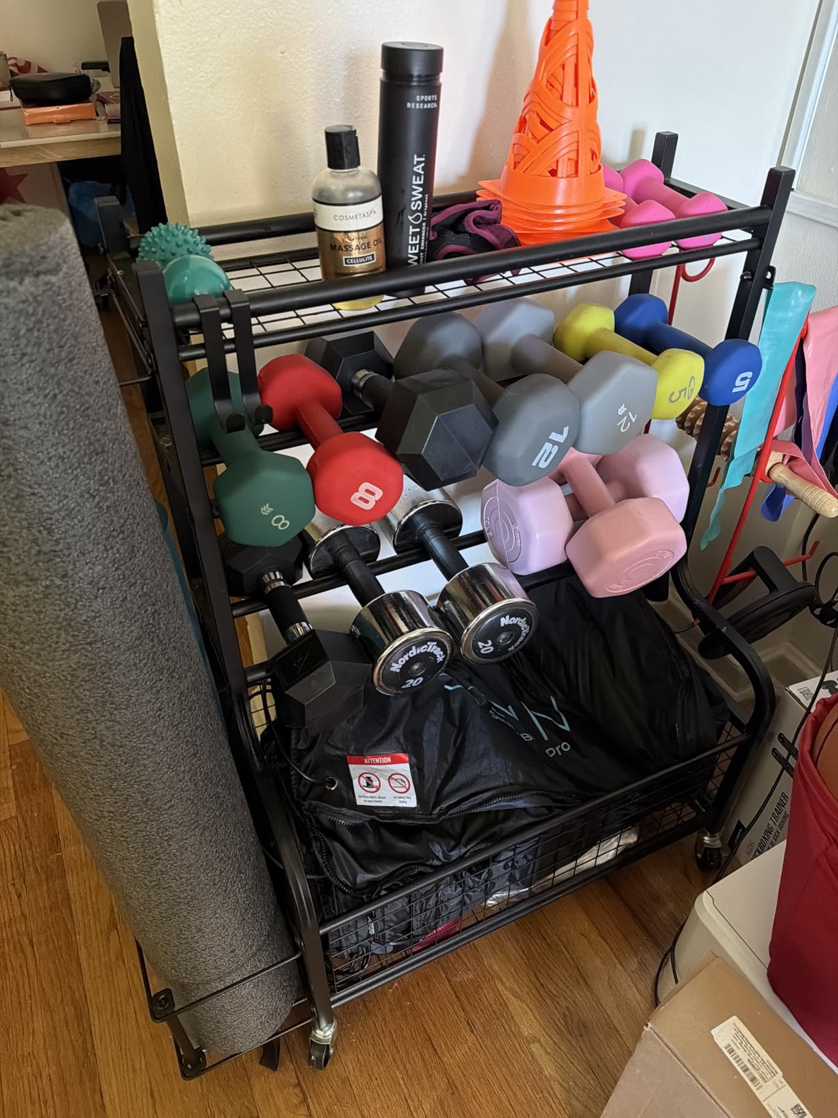PLKOW Dumbbell Rack, Weight Rack for Dumbbells, Home Gym Storage for Dumbbells Kettlebells Yoga Mat and Balls, All in One Workout Storage with Wheels and Hooks customer photo 1