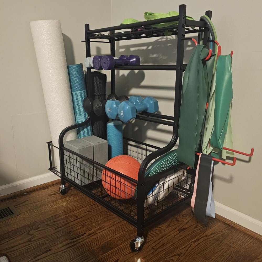 PLKOW Dumbbell Rack, Weight Rack for Dumbbells, Home Gym Storage for Dumbbells Kettlebells Yoga Mat and Balls, All in One Workout Storage with Wheels and Hooks customer photo 2