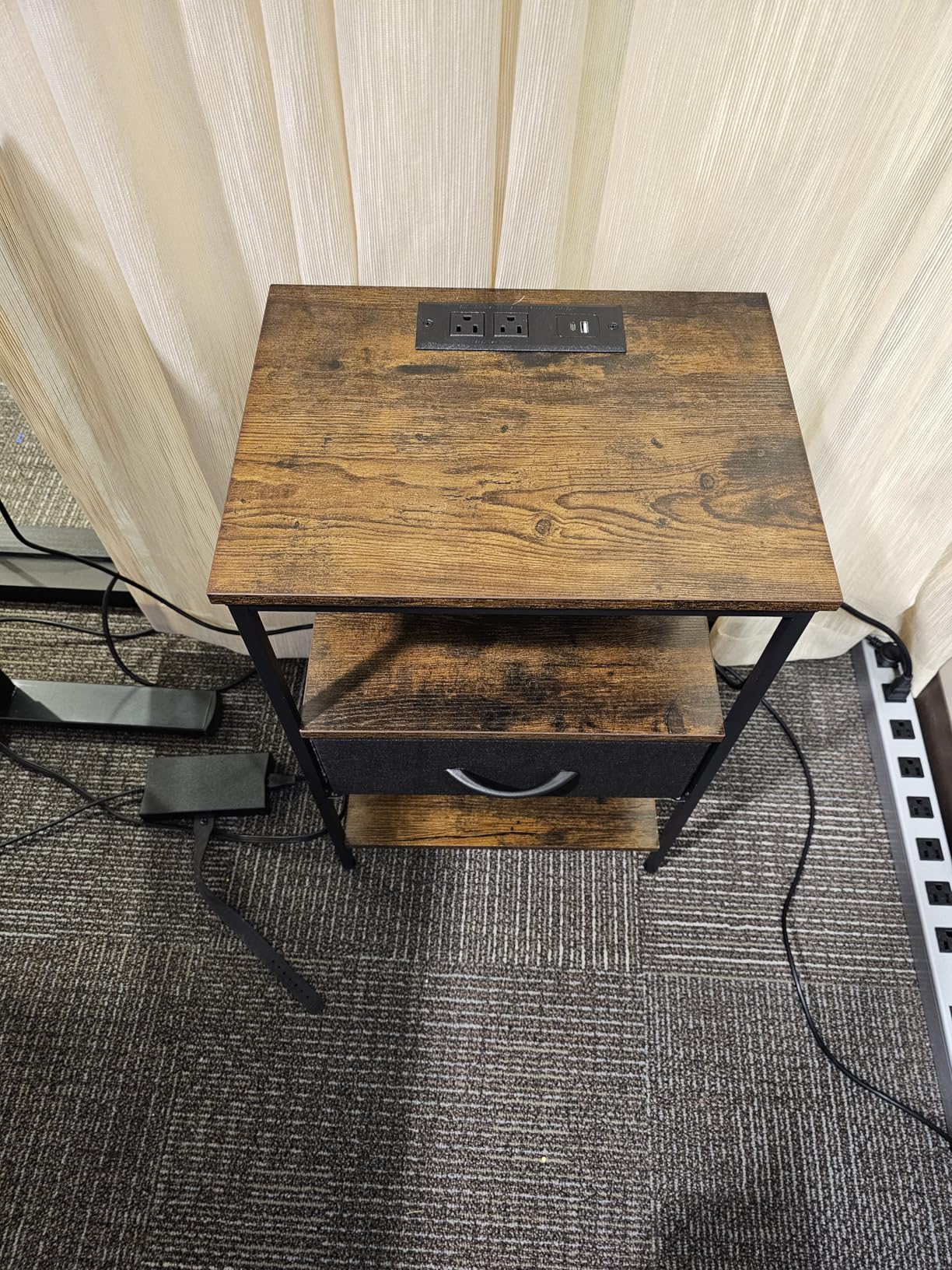 Nightstand with Charging Station, Bed Side Table with Adjustable Fabric Drawer, Night Stand for Bedroom, 3-Tier Storage End Table, for Living Room, Rustic Brown and Black customer photo 1