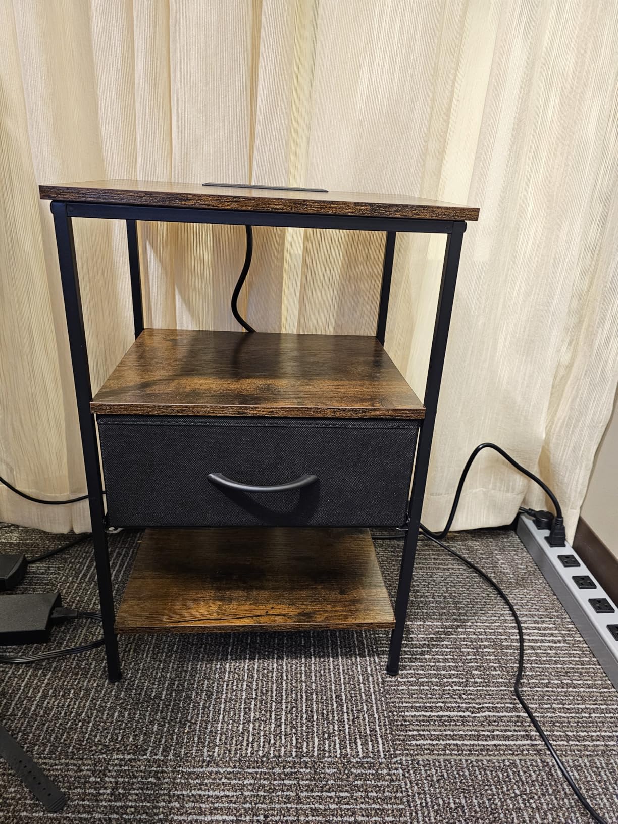 Nightstand with Charging Station, Bed Side Table with Adjustable Fabric Drawer, Night Stand for Bedroom, 3-Tier Storage End Table, for Living Room, Rustic Brown and Black customer photo 2