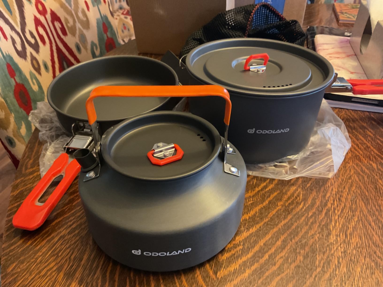 Odoland Camping Cookware Mess Kit, Camping Cooking Pot Fry Pan and 1.1L Kettle Set, Portable Camping Cookware Set with Mesh Bag for Camping, Backpacking, Outdoor Cooking and Picnic customer photo 1
