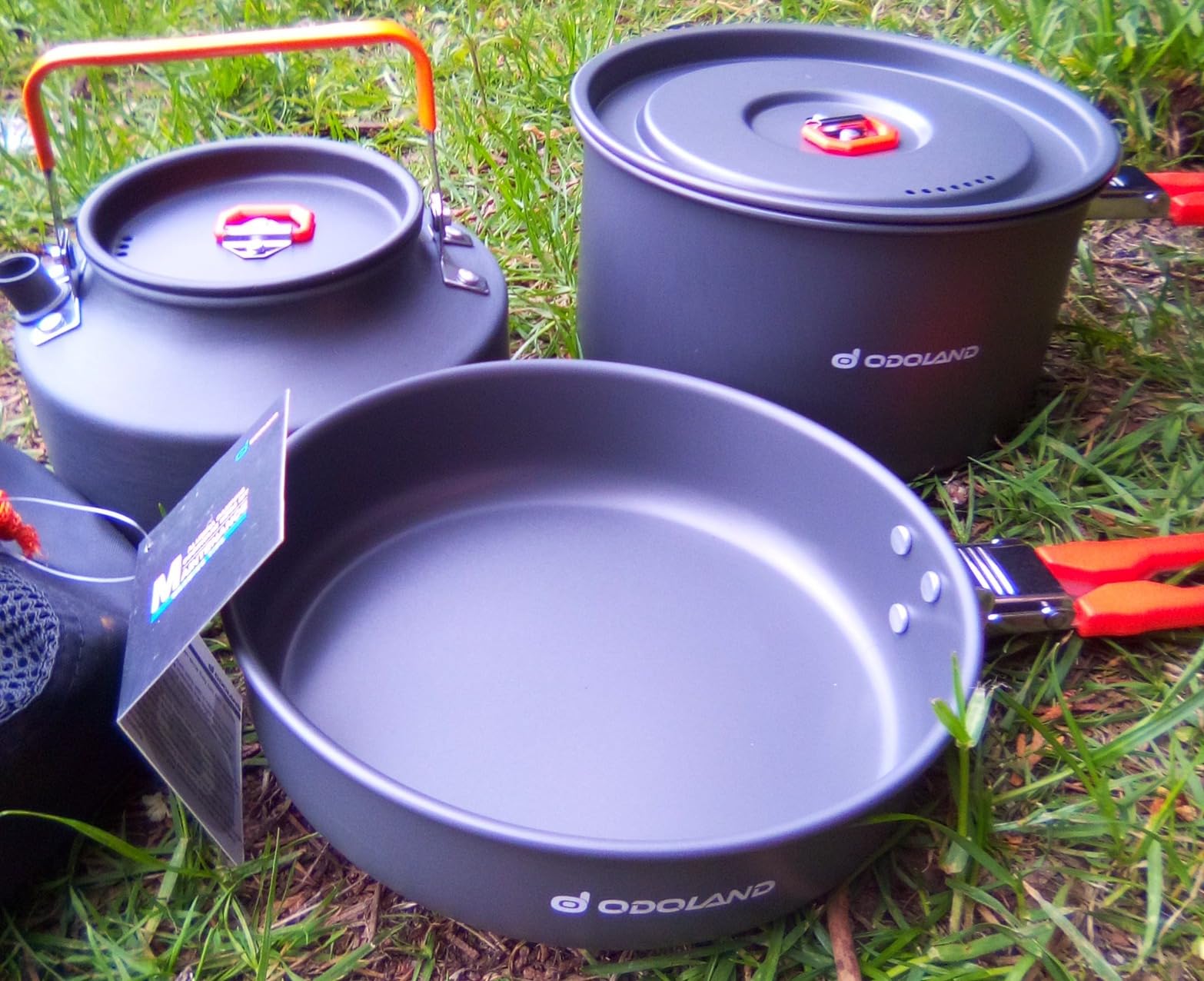 Odoland Camping Cookware Mess Kit, Camping Cooking Pot Fry Pan and 1.1L Kettle Set, Portable Camping Cookware Set with Mesh Bag for Camping, Backpacking, Outdoor Cooking and Picnic customer photo 2