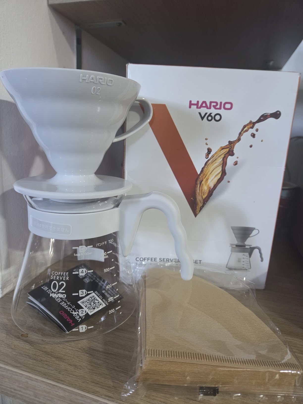 Hario V60 Pour Over Starter Set with Dripper, Glass Server, Scoop and Filters, Size 02, Pale Grey customer photo 1