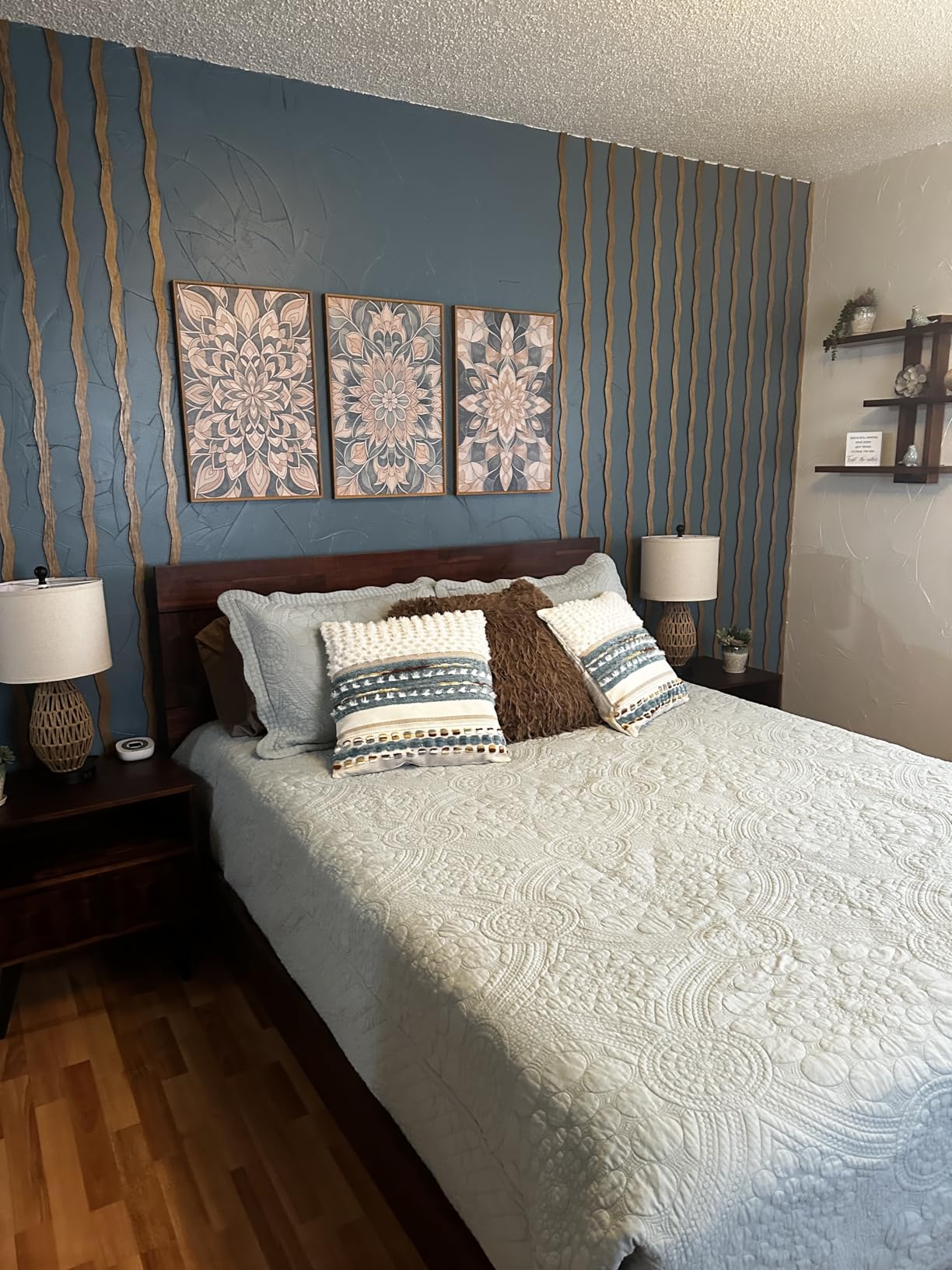 Georgina Signature Bed Frame with Handcrafted Geometric Headboard, Mid Century Modern, Solid Acacia Wood, No Box Spring Needed, 12 Strong Wood Slats Support, Easy Assembly, Walnut, King customer photo 1